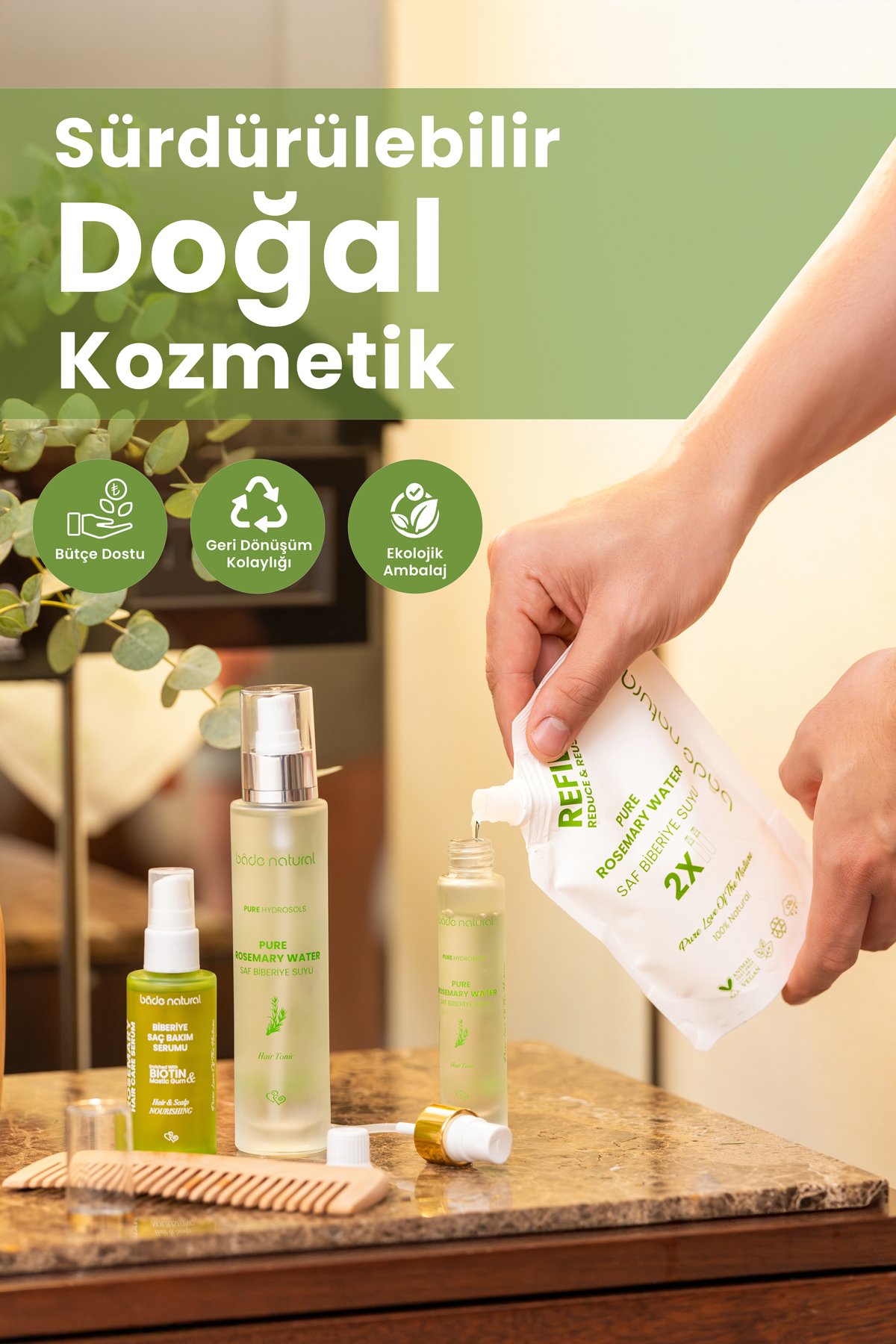 Biberiye Suyu Güçlendirici Saç Toniği Refill Paket 200 ml %100 Doğal ve Saf