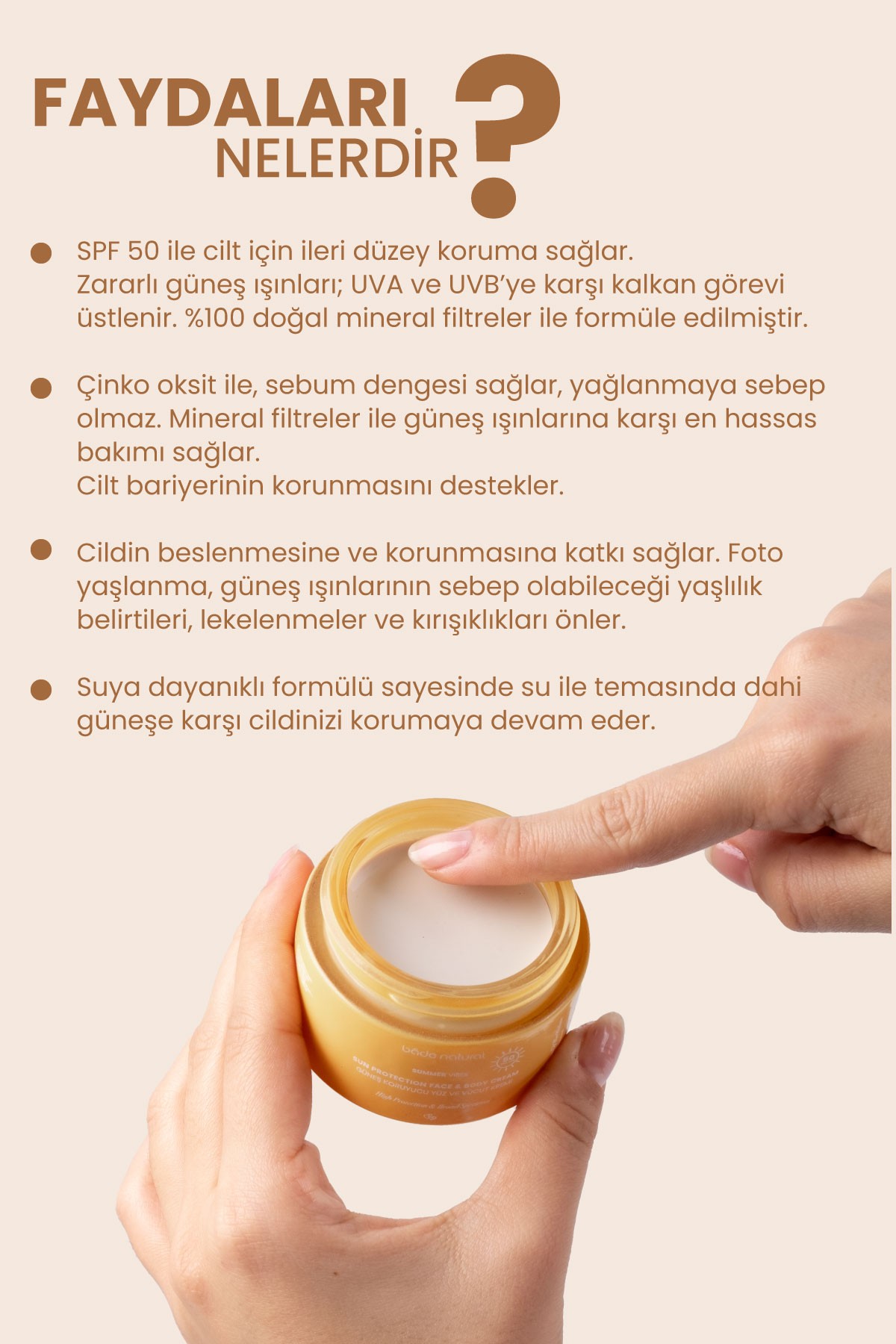 50 Spf %100 Mineral Filtreli ve Doğal Güneş Koruyucu Yüz ve Vücut Kremi 50 ml