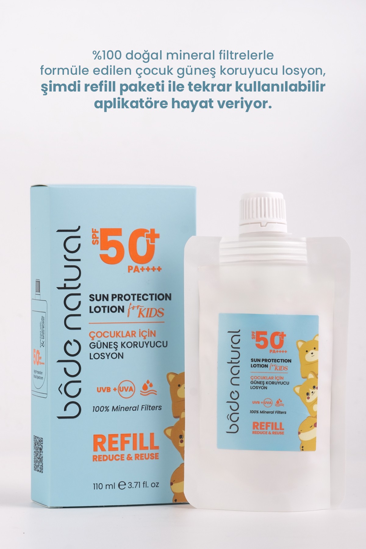 Çocuk Güneş Koruyucu Losyon 50+ SPF Yüksek Korumalı %100 Doğal Refill Paket 110 ml