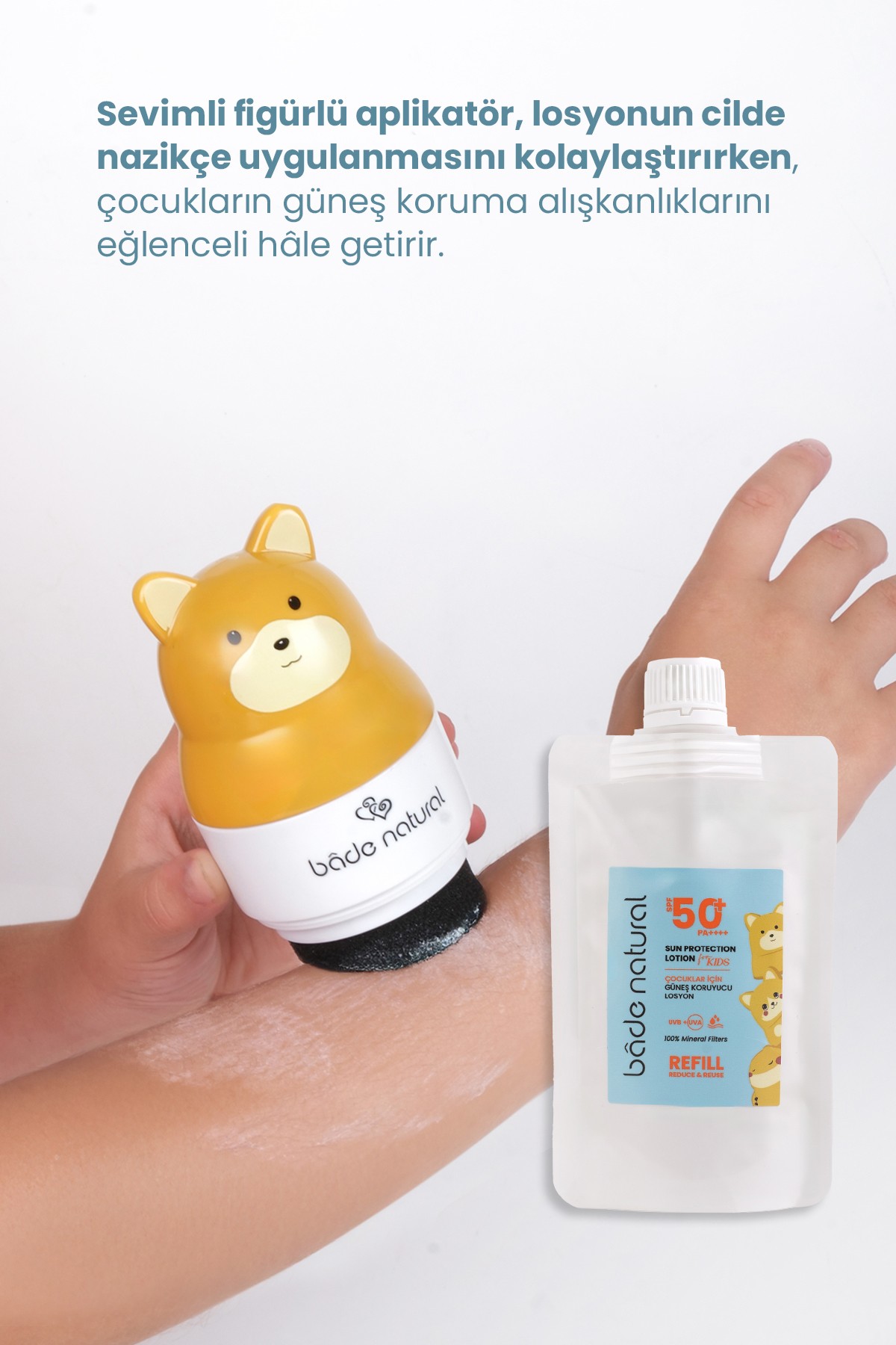 Çocuk Güneş Koruyucu Losyon 50+ SPF %100 Doğal Refill Paket + Ayı Figürlü Aplikatör Set