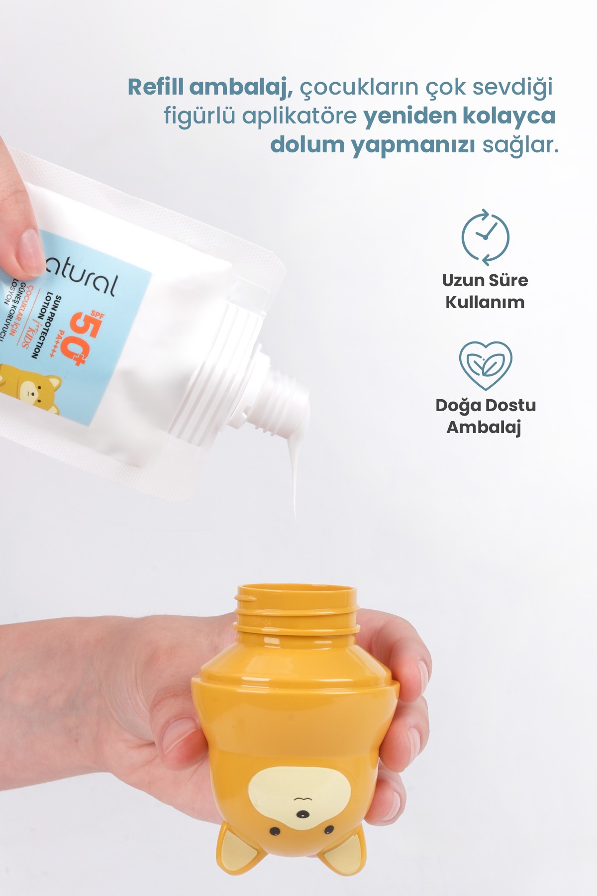 Çocuk Güneş Koruyucu Losyon 50+ SPF %100 Doğal Refill Paket + Ayı Figürlü Aplikatör Set