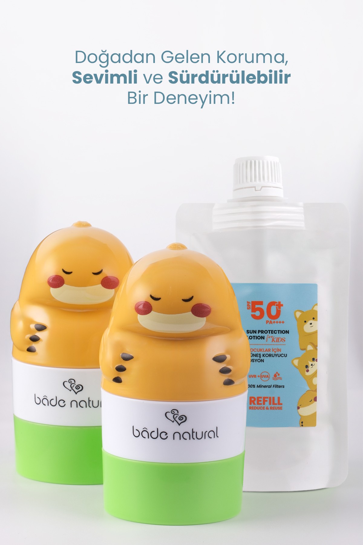 Çocuk Güneş Koruyucu Losyon 50+ SPF %100 Doğal Refill Paket + Dinozor Figürlü Aplikatör Set