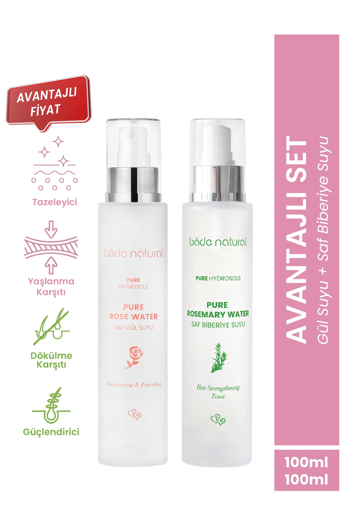 Biberiye Suyu Saç Toniği & Gül Suyu Tonik Set %100 Doğal ve Saf