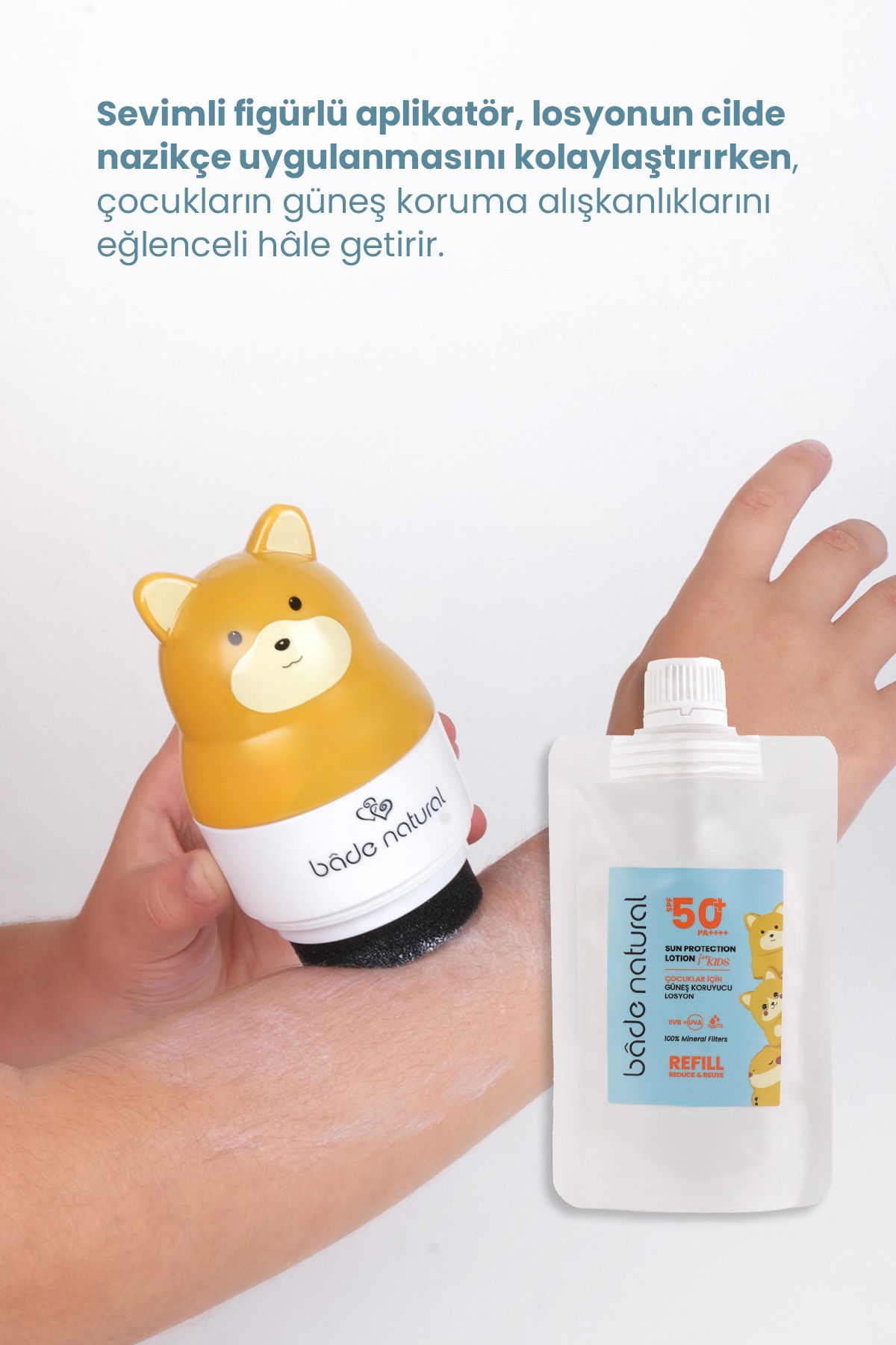 Çocuk Güneş Koruyucu Losyon 50+ SPF %100 Doğal Refill Paket + Ayı Figürlü Aplikatör Set