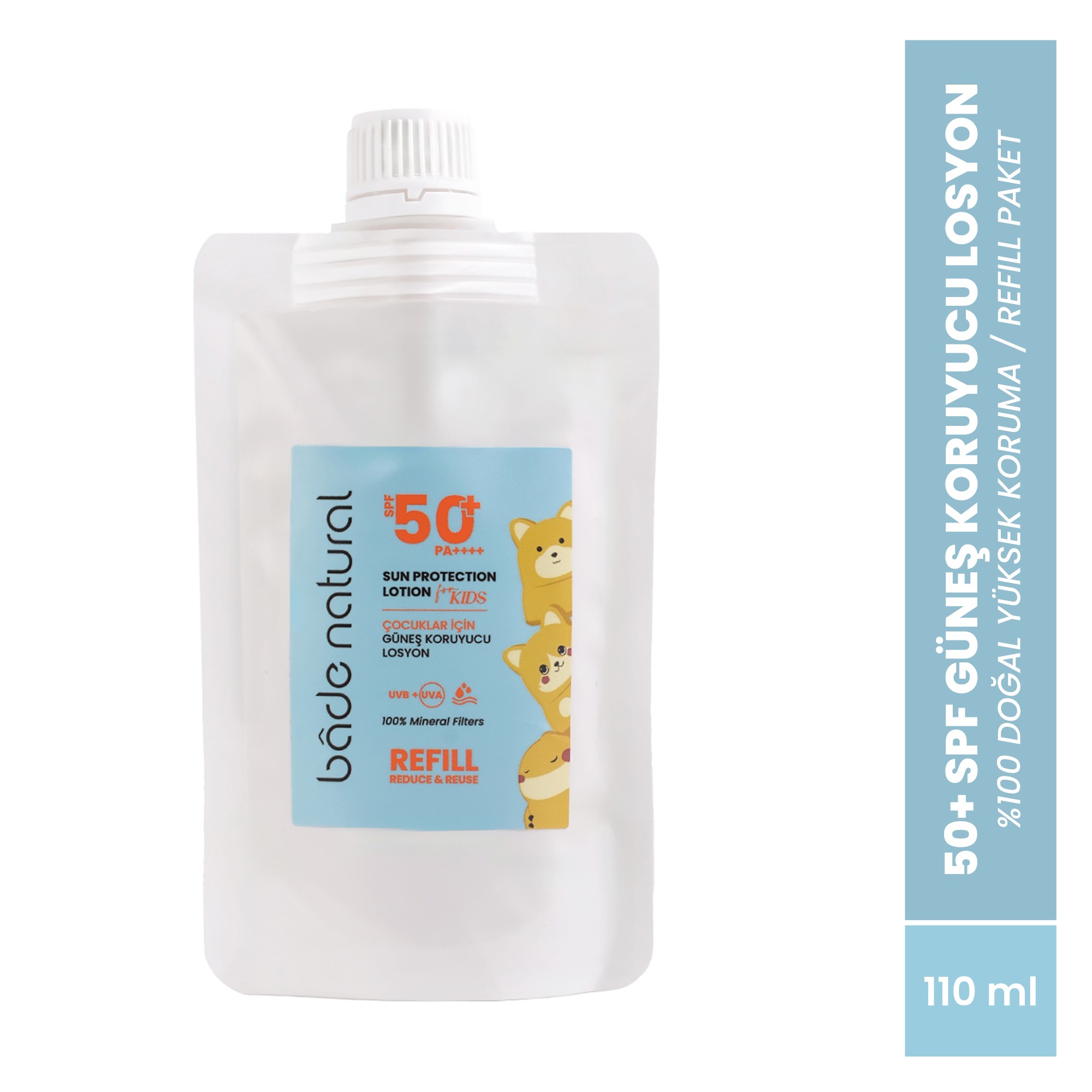 Çocuk Güneş Koruyucu Losyon 50+ SPF Yüksek Korumalı %100 Doğal Refill Paket 110 ml