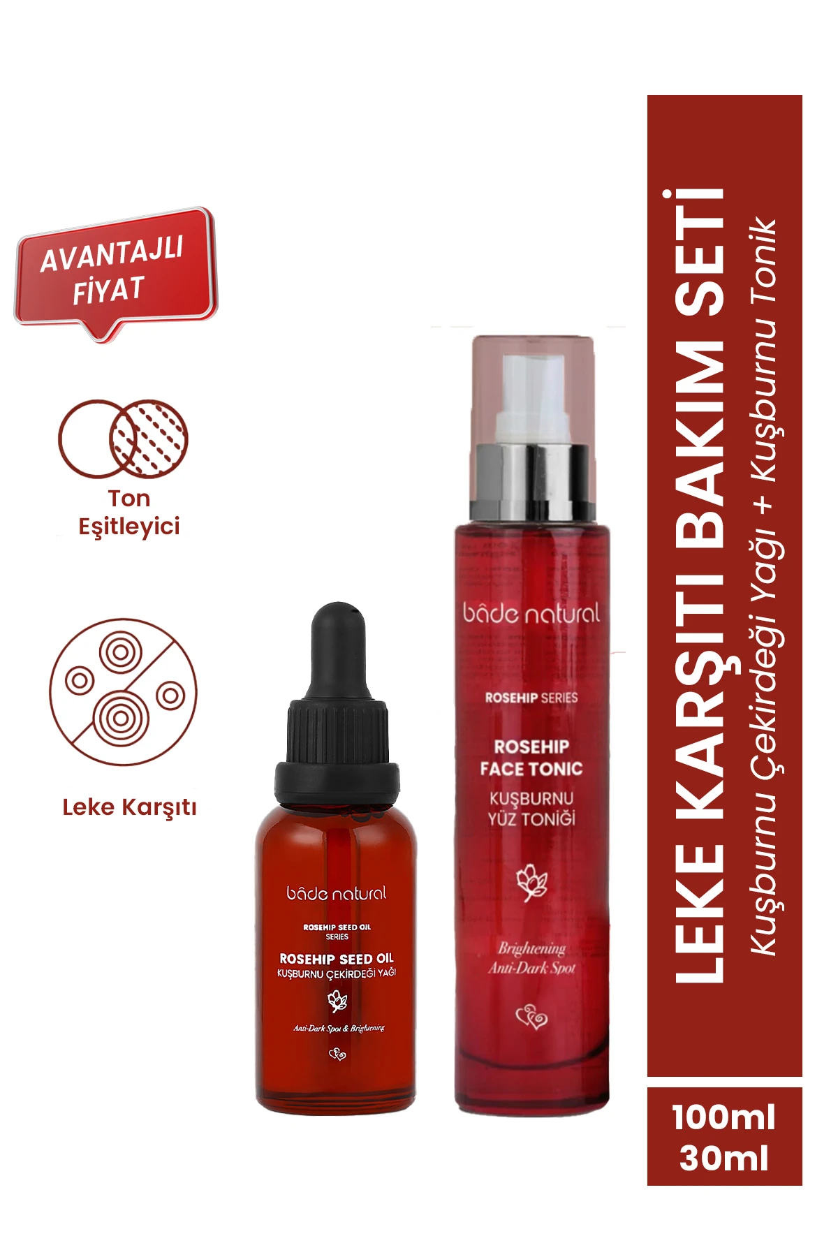 Kuşburnu Aydınlatıcı ve Leke Karşıtı Tonik & Kuşburnu Çekirdeği Yağı Set %100 Doğal ve Saf