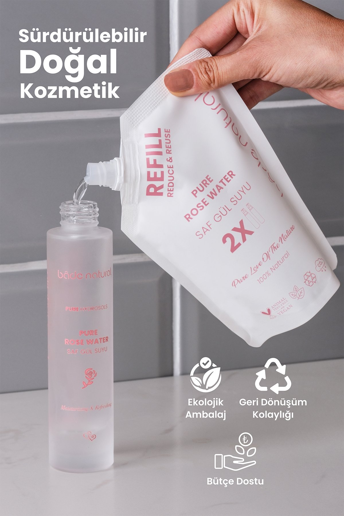 Gül Suyu Gözenek Sıkılaştırıcı Aydınlatıcı ve Arındırıcı Tonik Refill 200 ml %100 Doğal ve Saf