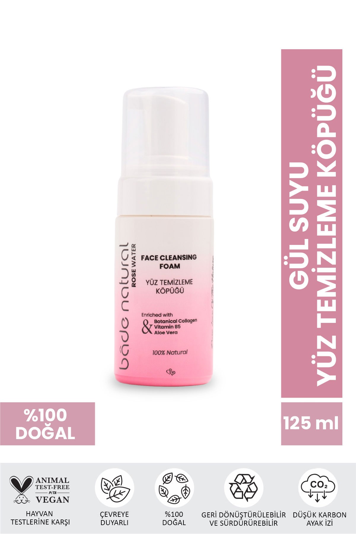 Gül Suyu Yüz Temizleme Köpüğü %100 Doğal ve Vegan 125 ml