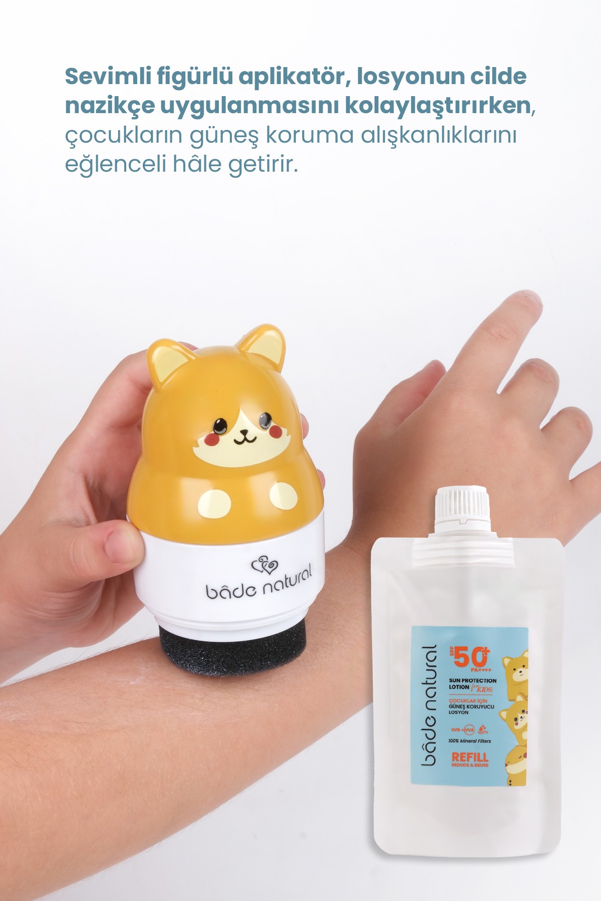 Çocuk Güneş Koruyucu Losyon 50+ SPF %100 Doğal Refill Paket + Kedi Figürlü Aplikatör Set