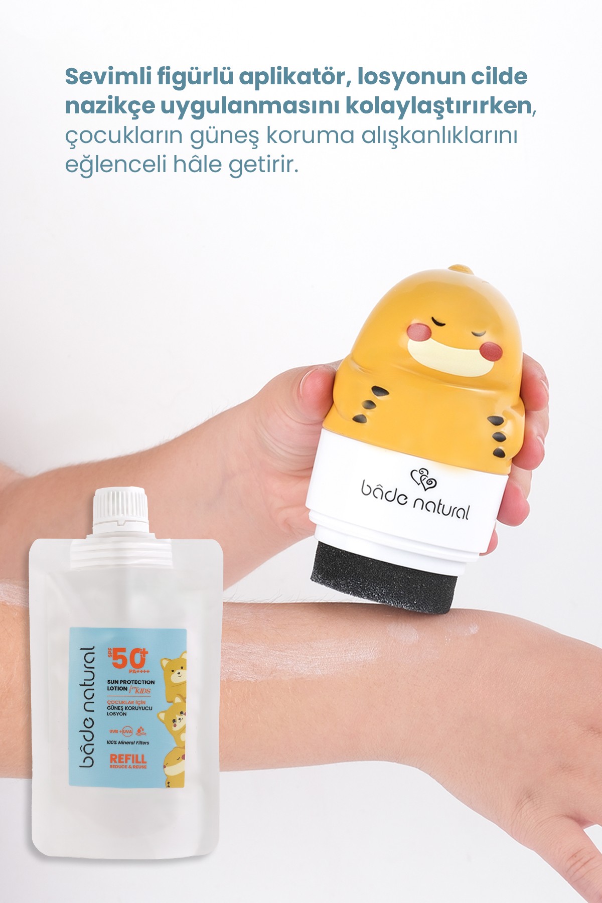 Çocuk Güneş Koruyucu Losyon 50+ SPF %100 Doğal Refill Paket + Dinozor Figürlü Aplikatör Set