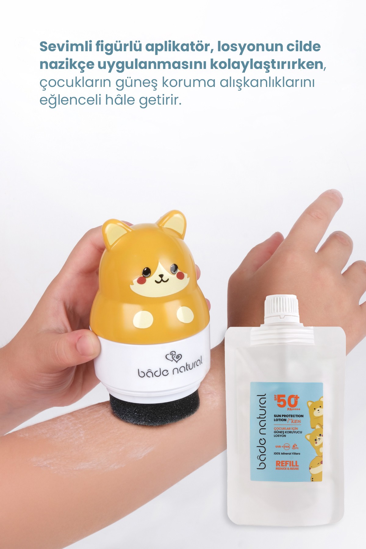 Çocuk Güneş Koruyucu Losyon 50+ SPF %100 Doğal Refill Paket + Kedi Figürlü Aplikatör Set