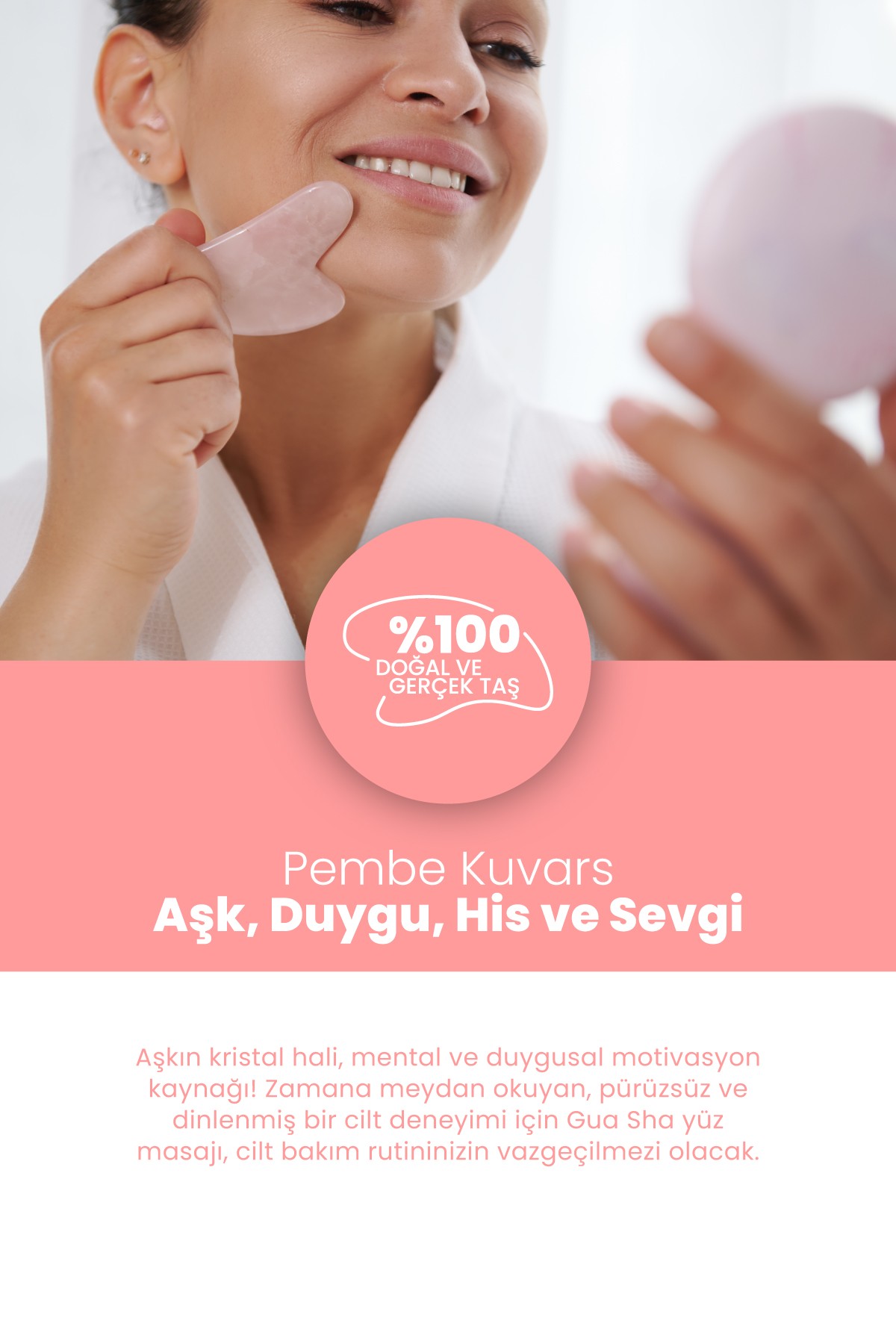 Pembe Kuvars Gua Sha %100 Doğal ve Gerçek Yüz Masaj Taşı