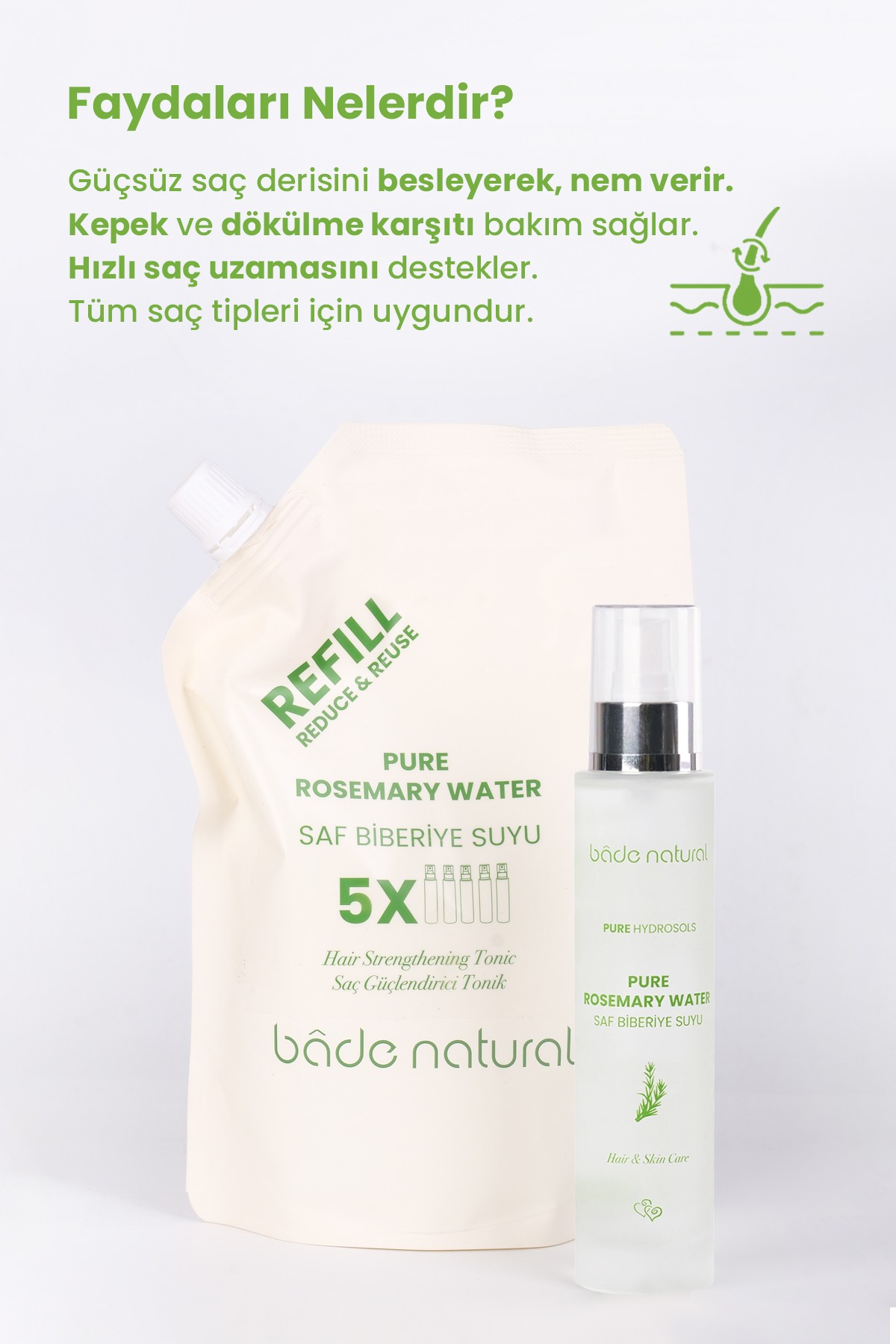 Biberiye Suyu Güçlendirici Saç Toniği Refill Paket 500 ml %100 Doğal ve Saf
