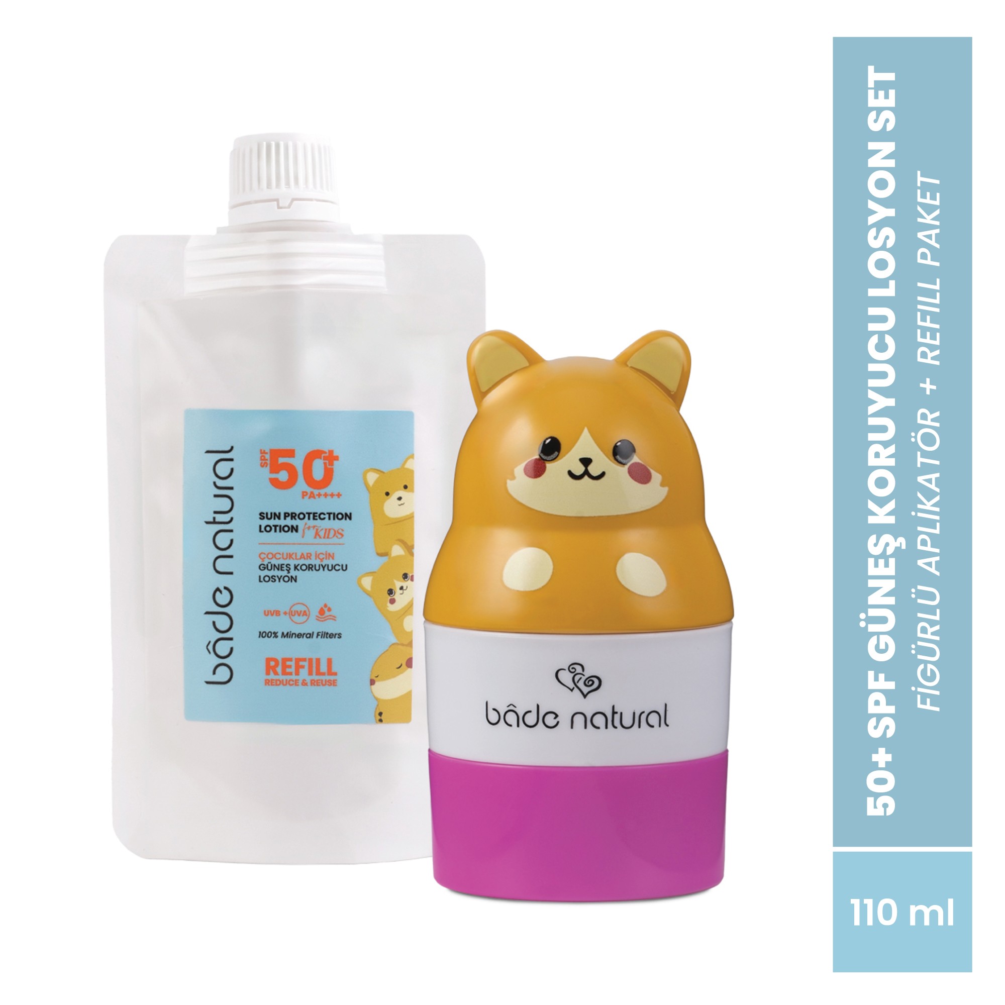 Çocuk Güneş Koruyucu Losyon 50+ SPF %100 Doğal Refill Paket + Kedi Figürlü Aplikatör Set