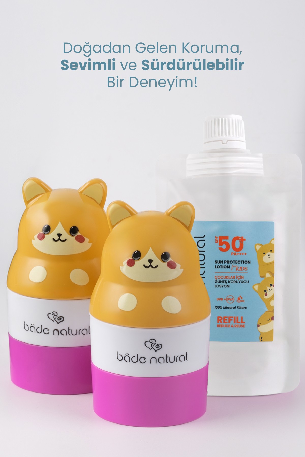 Çocuk Güneş Koruyucu Losyon 50+ SPF %100 Doğal Refill Paket + Kedi Figürlü Aplikatör Set