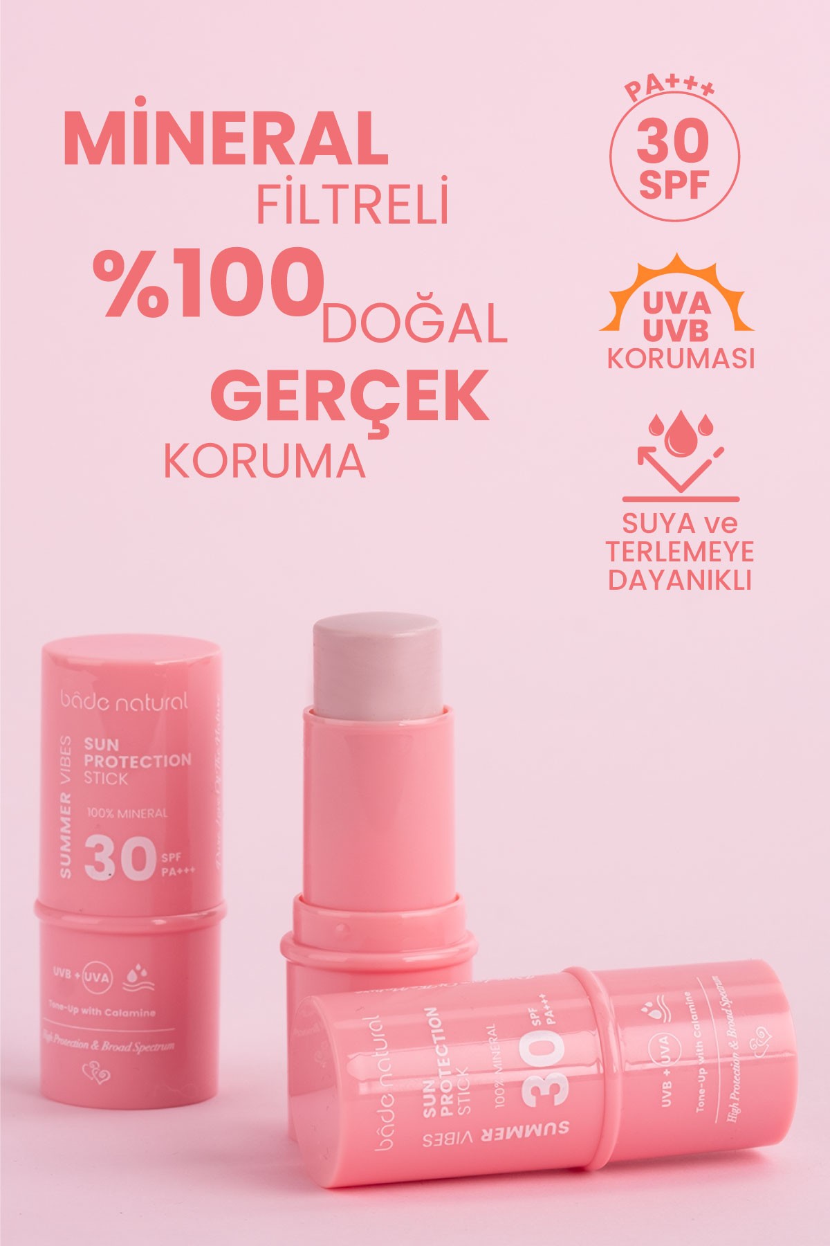 Pembe %100 Mineral Filtreli ve Doğal Güneş Koruyucu Stick 30 Spf Kalaminli