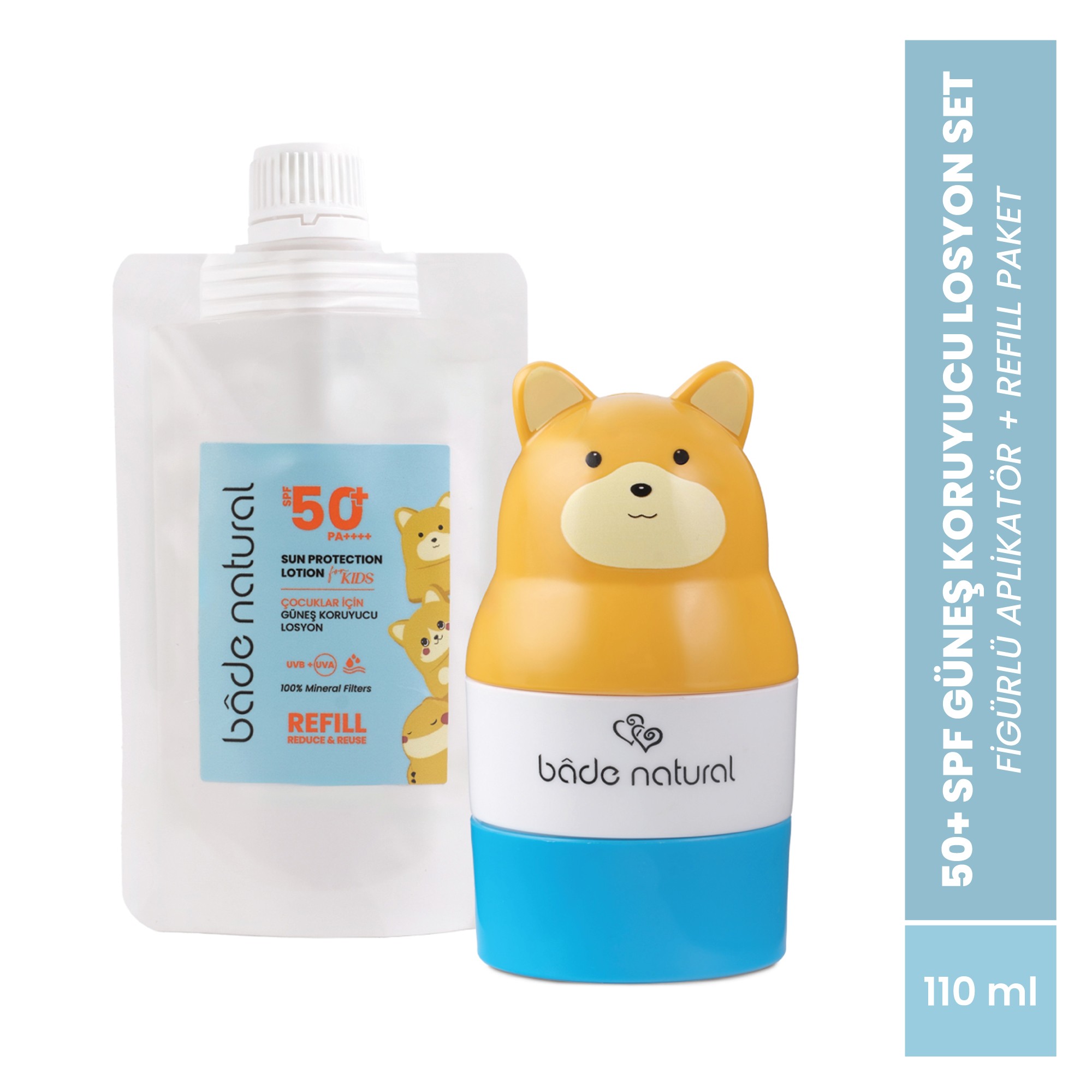 Çocuk Güneş Koruyucu Losyon 50+ SPF %100 Doğal Refill Paket + Ayı Figürlü Aplikatör Set