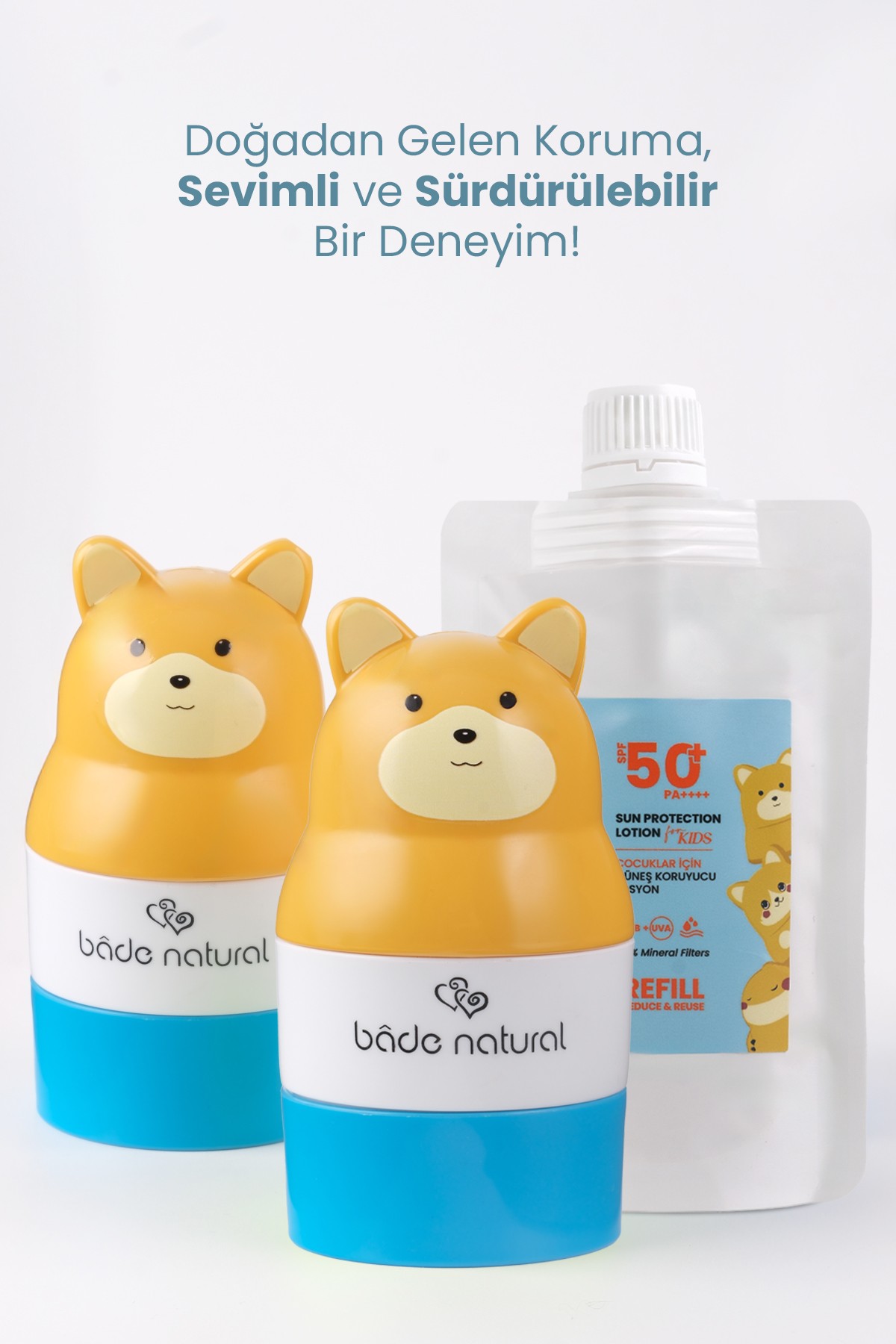 Çocuk Güneş Koruyucu Losyon 50+ SPF %100 Doğal Refill Paket + Ayı Figürlü Aplikatör Set