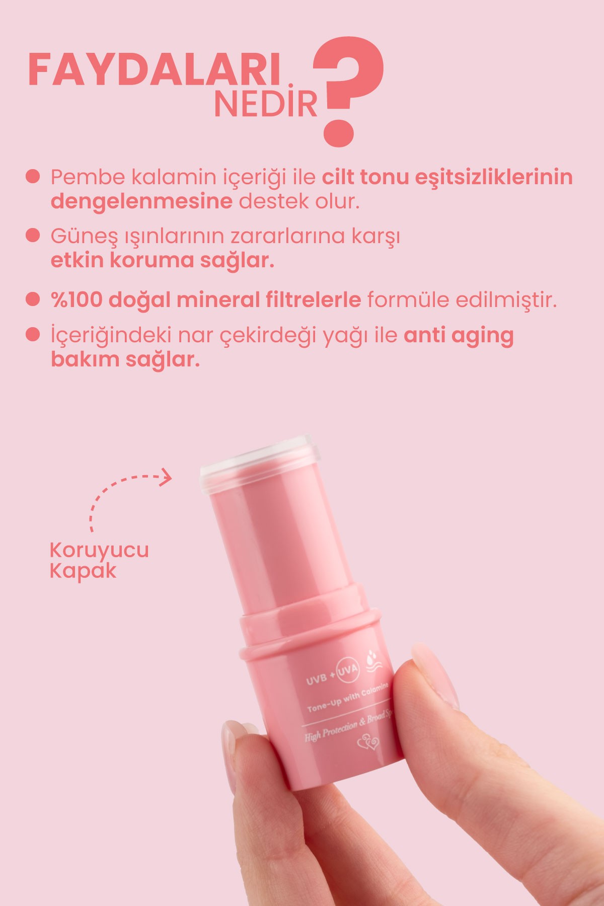 Pembe %100 Mineral Filtreli ve Doğal Güneş Koruyucu Stick 30 Spf Kalaminli