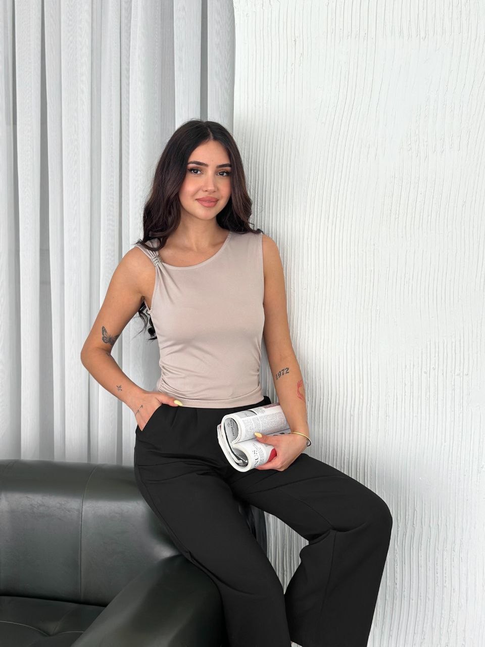 Osy Modal Kumaş Kolsuz Bluz - Bej