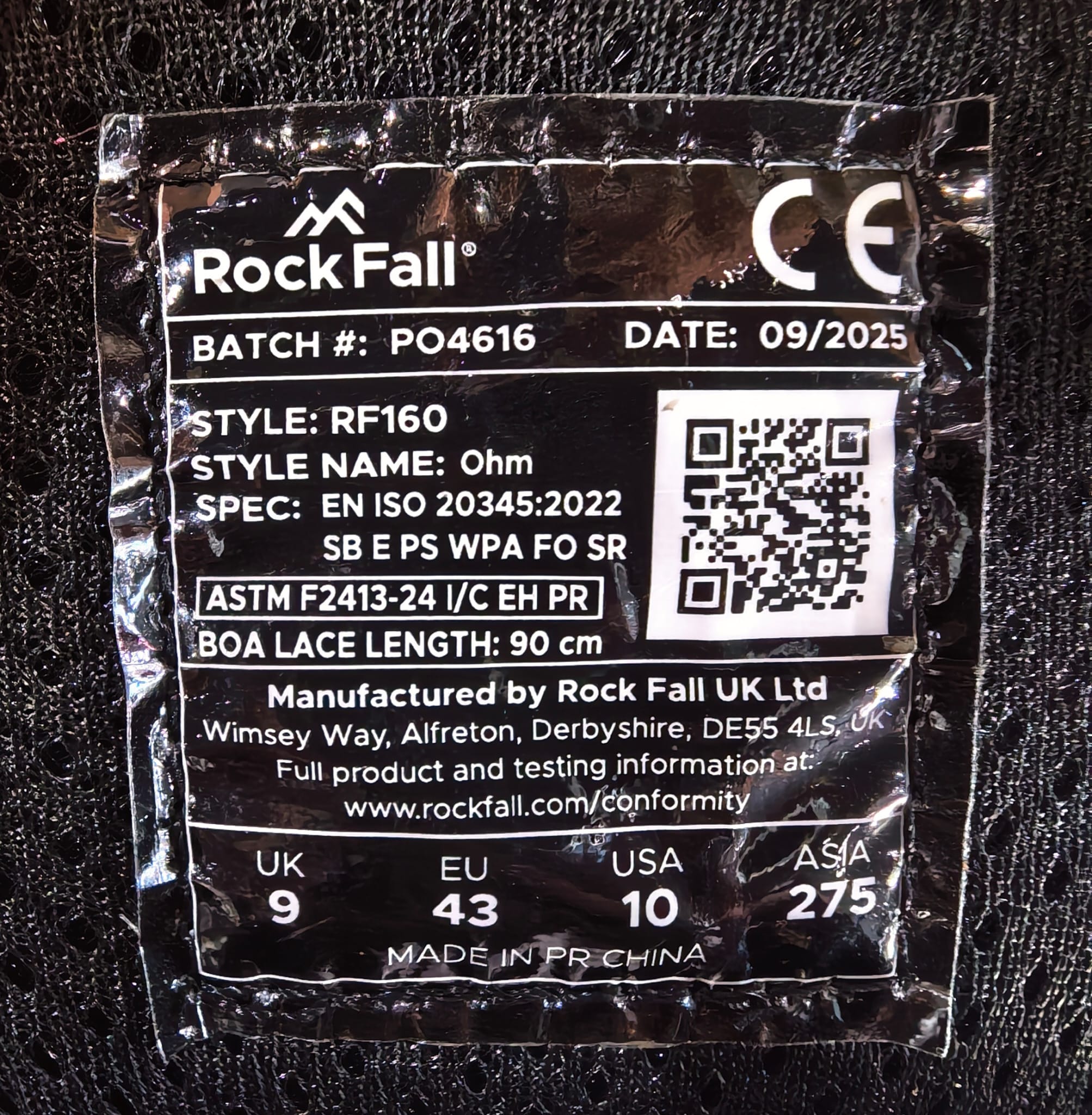 Rock Fall RF160 Ohm iç etiketi: EN ISO 20345:2022 SB E PS WPA FO SR ve ASTM F2413-24 I/C EH PR