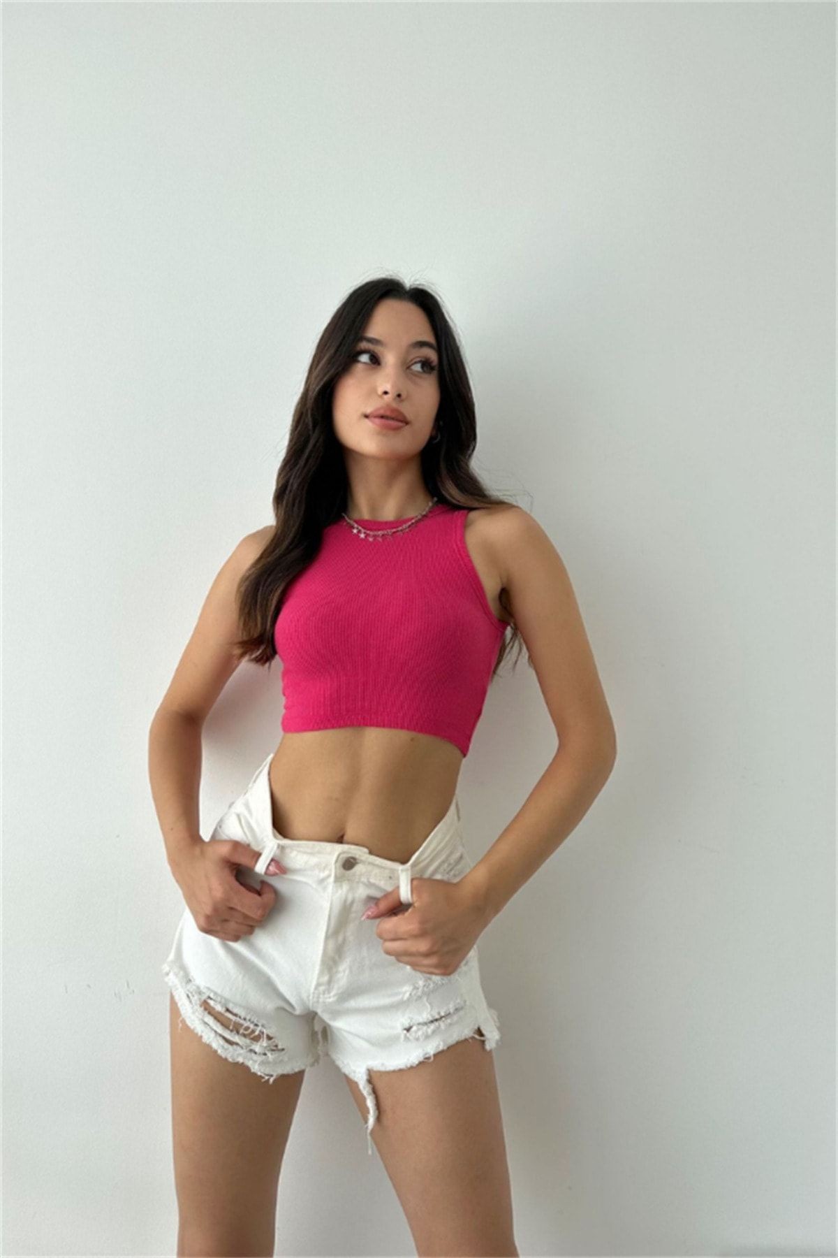 Kadın Fuşya Sıfır Kol Bisiklet Yaka Kaşkorse Crop