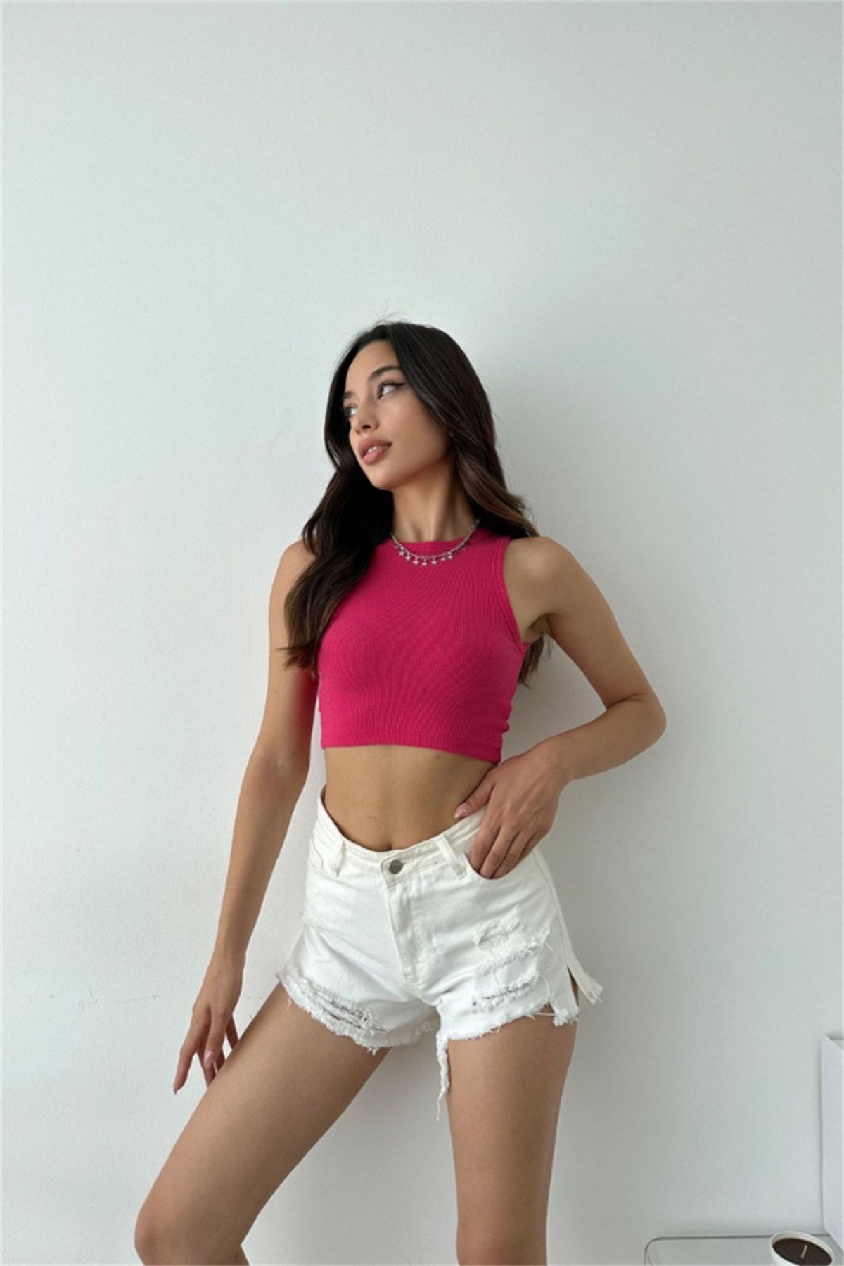 Kadın Fuşya Sıfır Kol Bisiklet Yaka Kaşkorse Crop