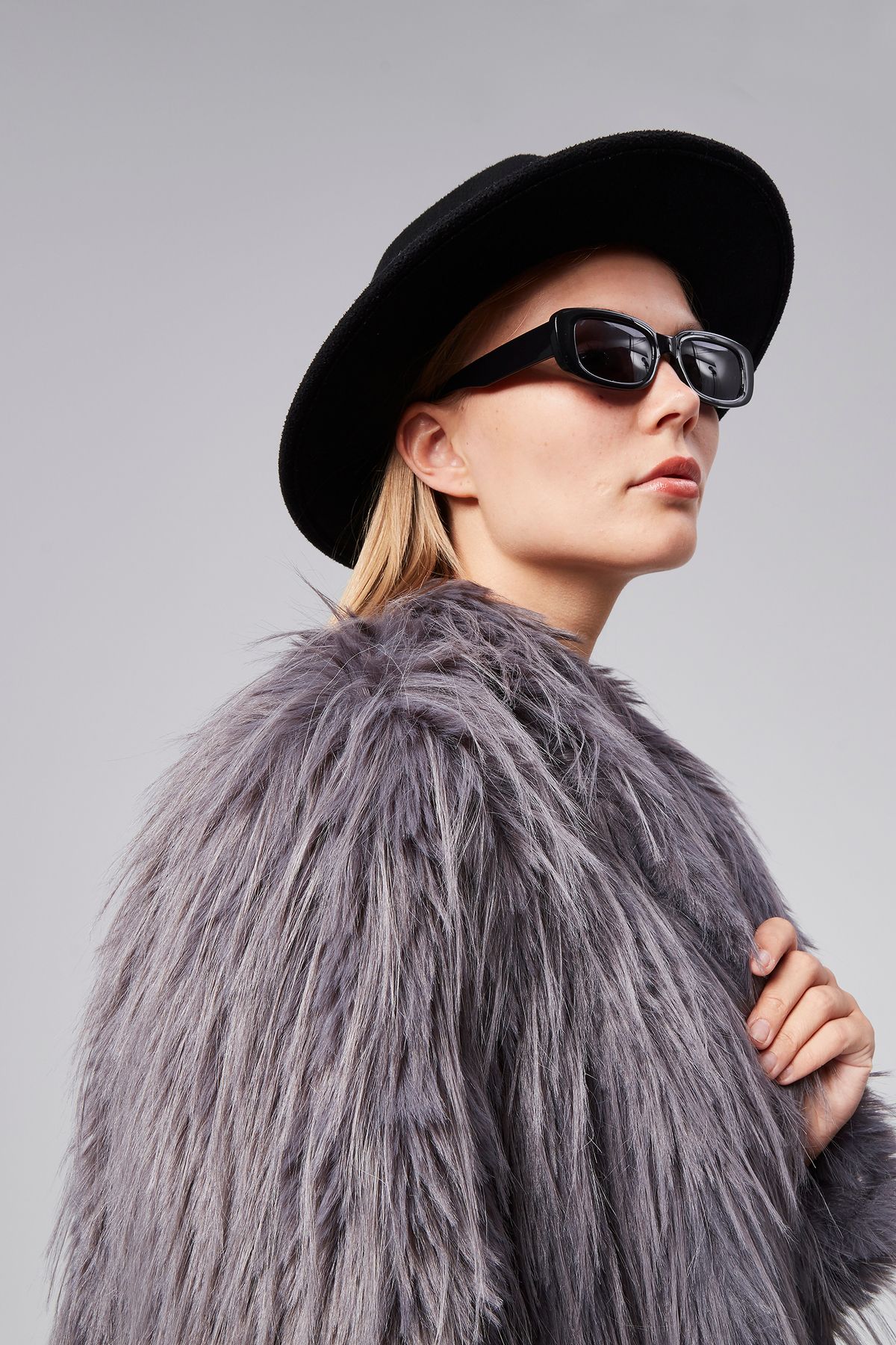 Kadın Gri Premium Kışlık Suni Kürk Ceket