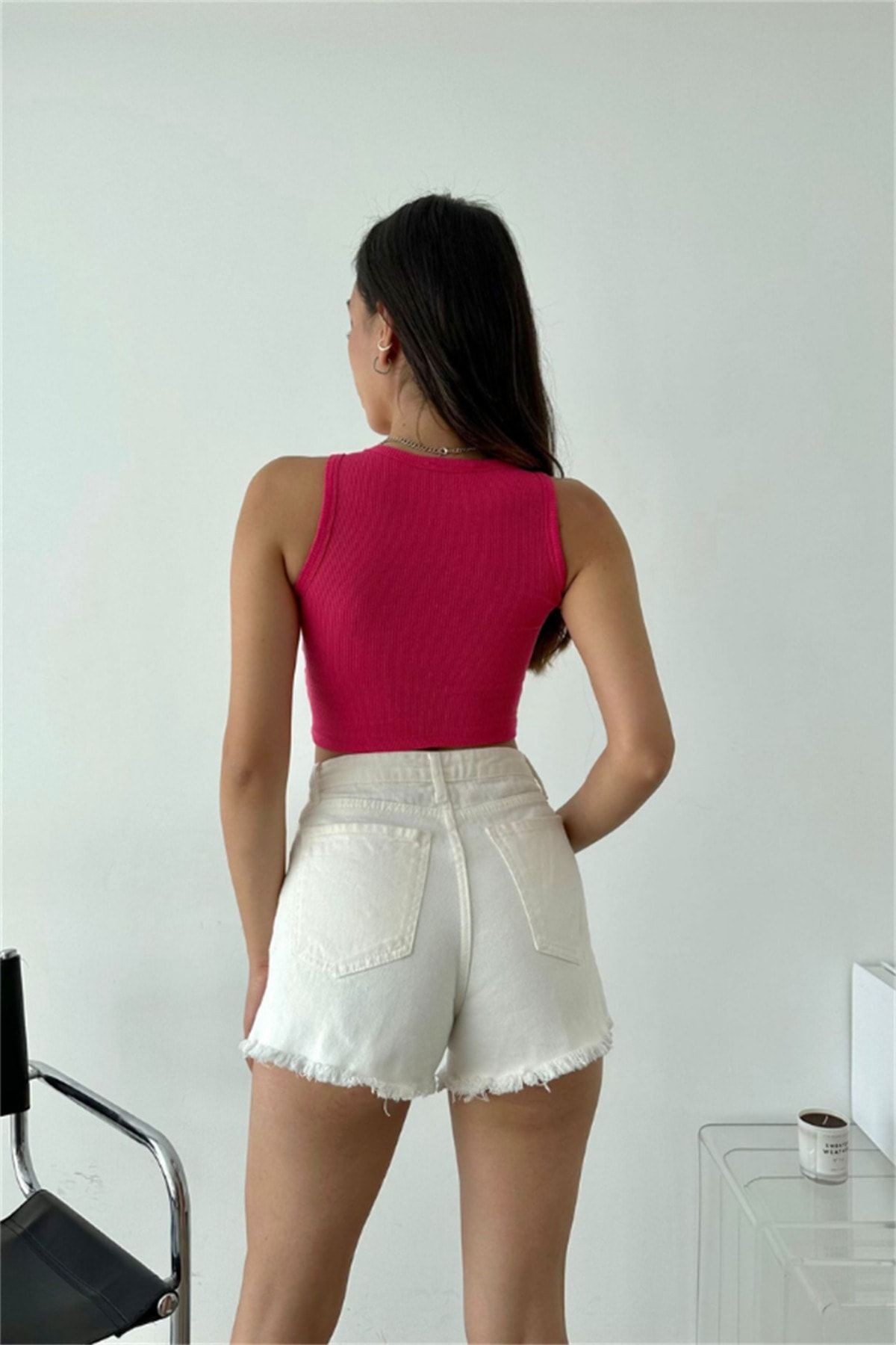 Kadın Fuşya Sıfır Kol Bisiklet Yaka Kaşkorse Crop