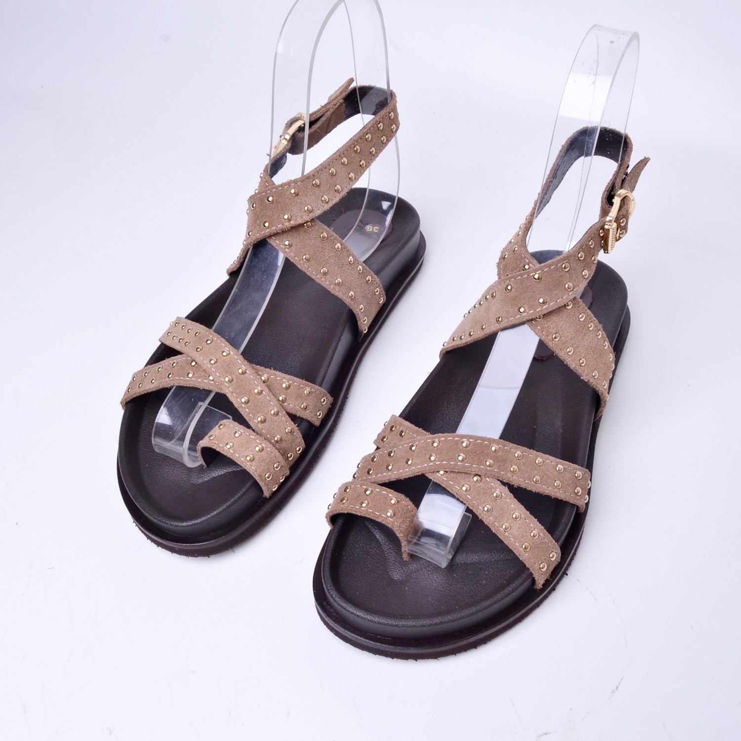 Femi 0513 Kadın Zımbalı Deri Sandalet - Vizon