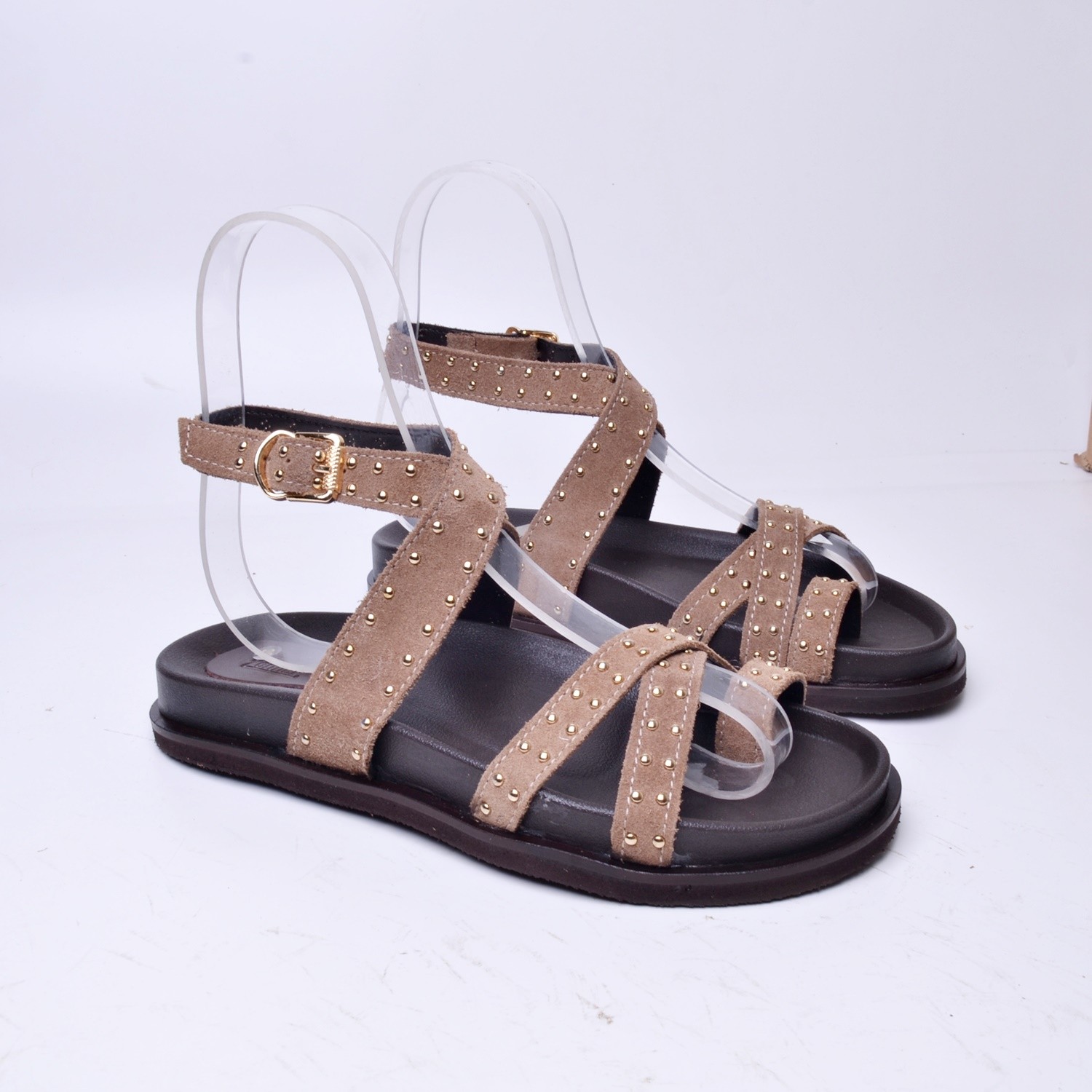 Femi 0513 Kadın Zımbalı Deri Sandalet - Vizon