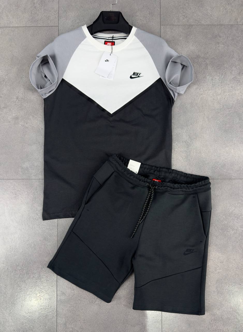 Tech Fleece Colorblock T-Shirt & Kısa Şort Takımı - White / Light Grey / Anthracite