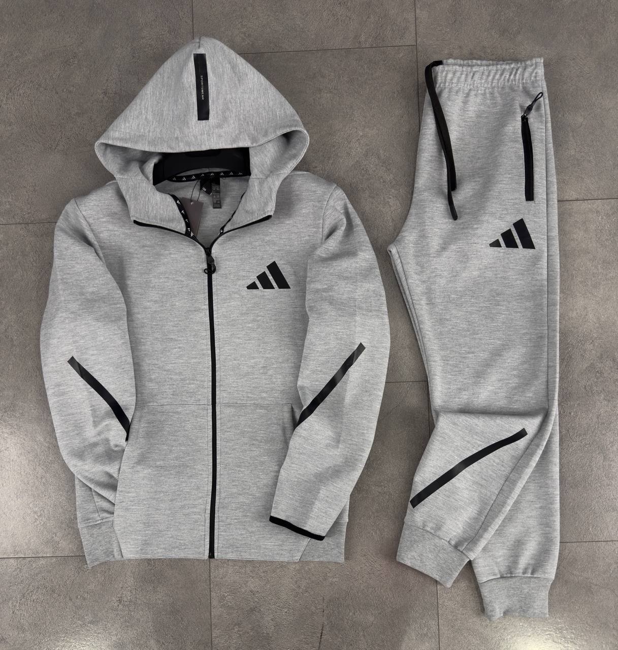 Future Icons 3-Stripes Hooded Track Suit - Light Grey Heather / Black / Black