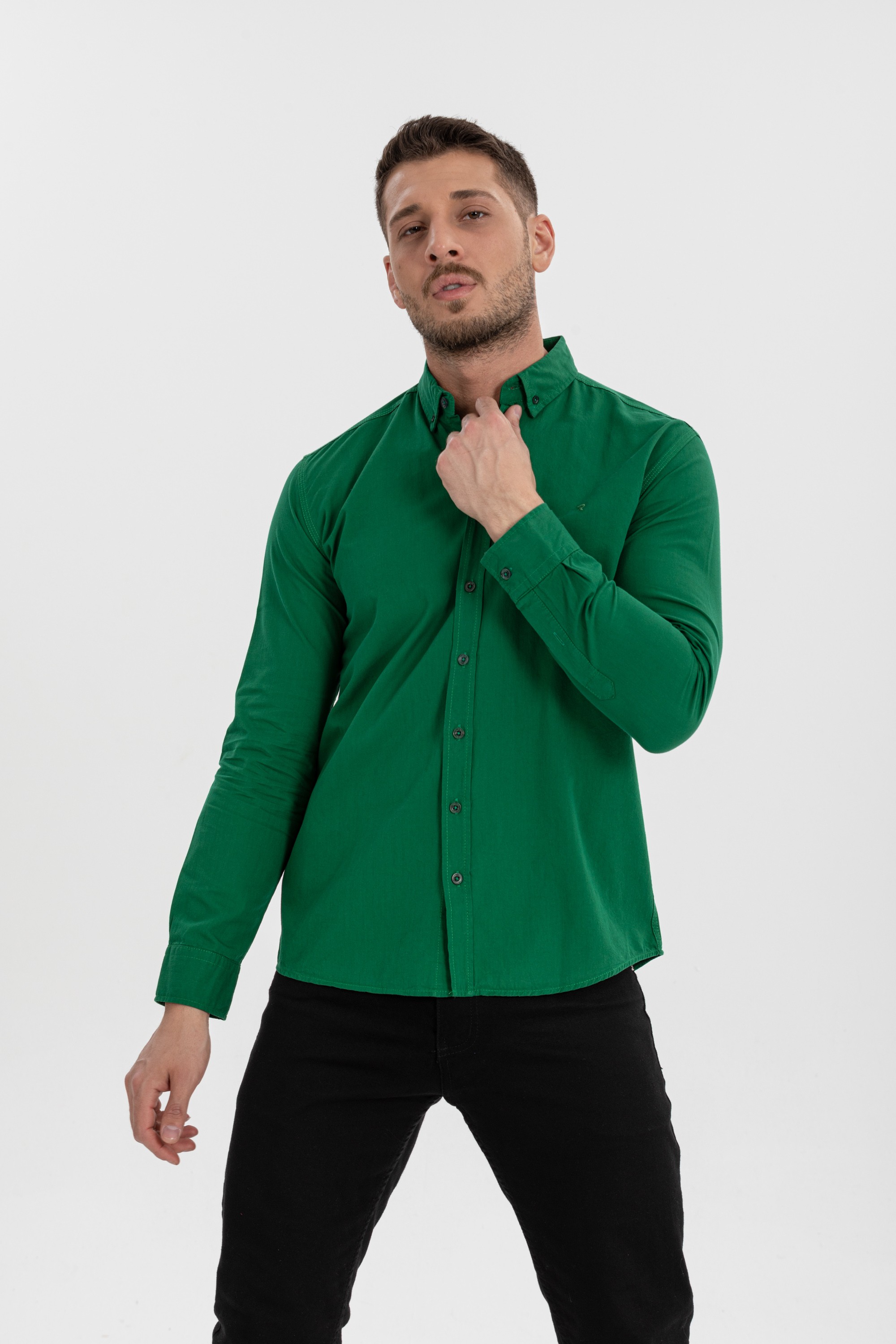 Erkek Poplin %100 Pamuk Yıkamalı Uzun Kol Regular Fit Gömlek - Yeşil