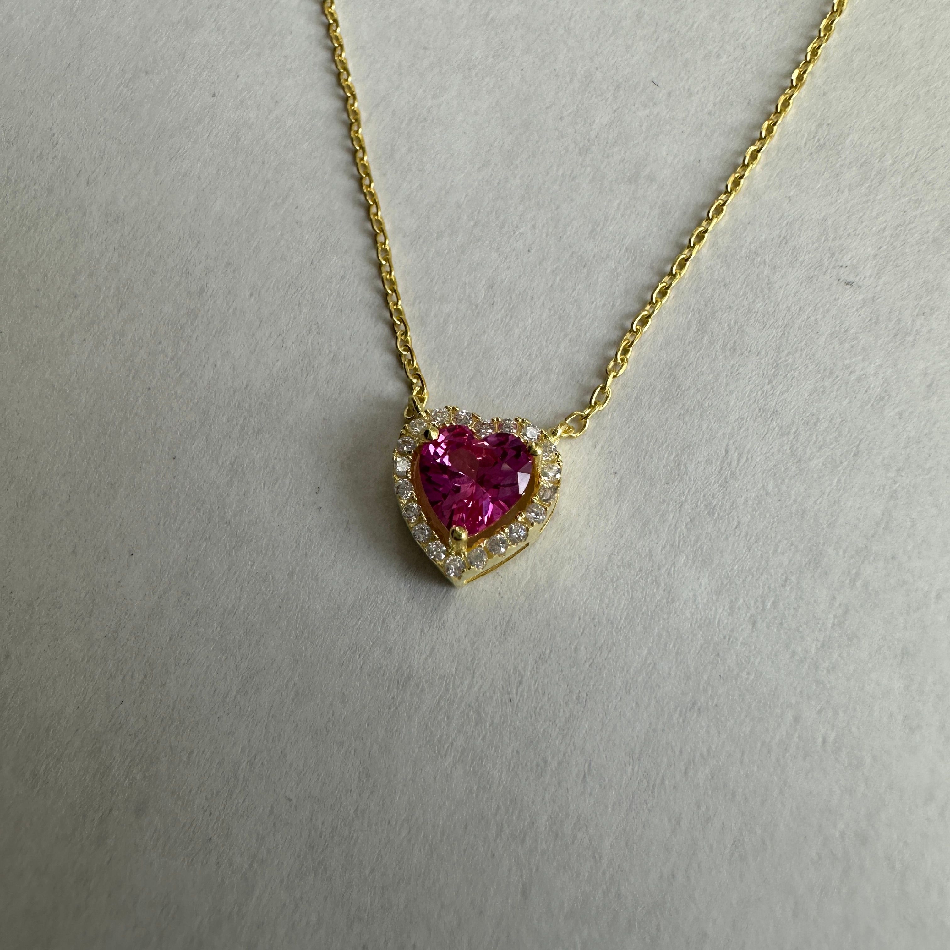 925 Gümüş | Pembe Taşlı Kalp Kolye 