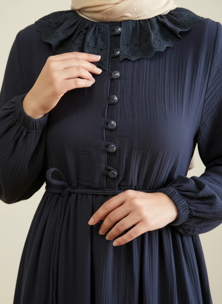 Lacivert Dantel Bebe Yaka Yarım Düğmeli Müslin Ferace Elbise