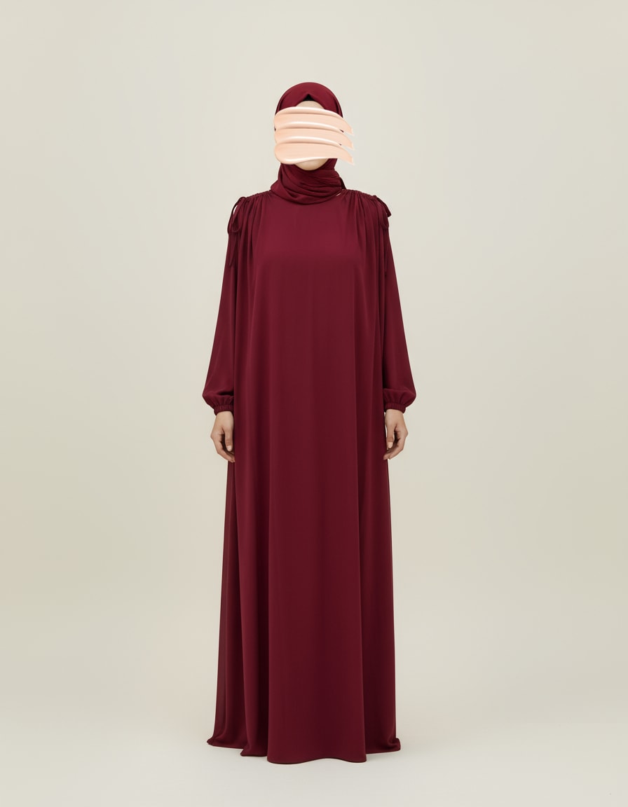 Bordo Omuz İp Büzgülü Ferace