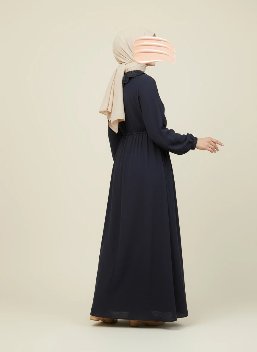 Lacivert Dantel Bebe Yaka Yarım Düğmeli Müslin Ferace Elbise