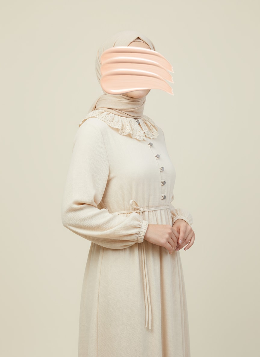 Bej Dantel Bebe Yaka Yarım Düğmeli Müslin Ferace Elbise