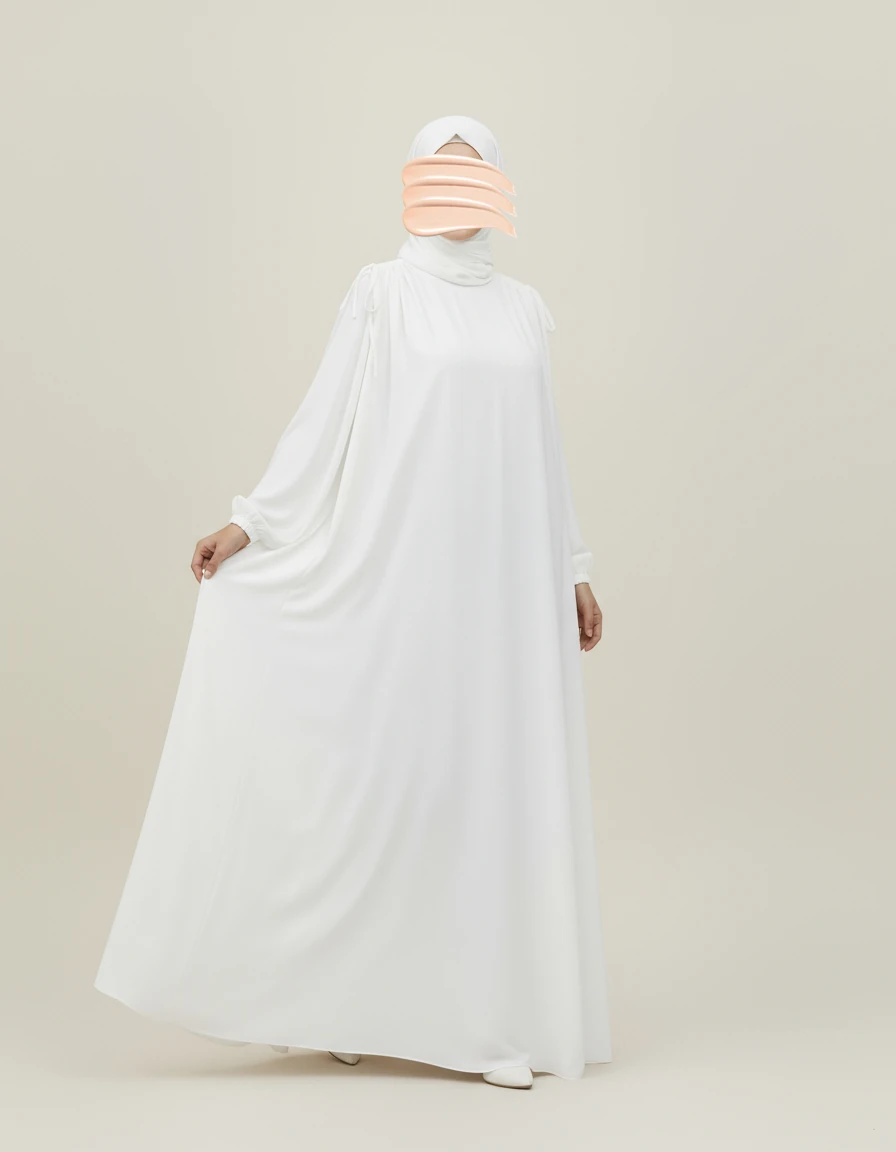 Beyaz Omuz İp Büzgülü Ferace