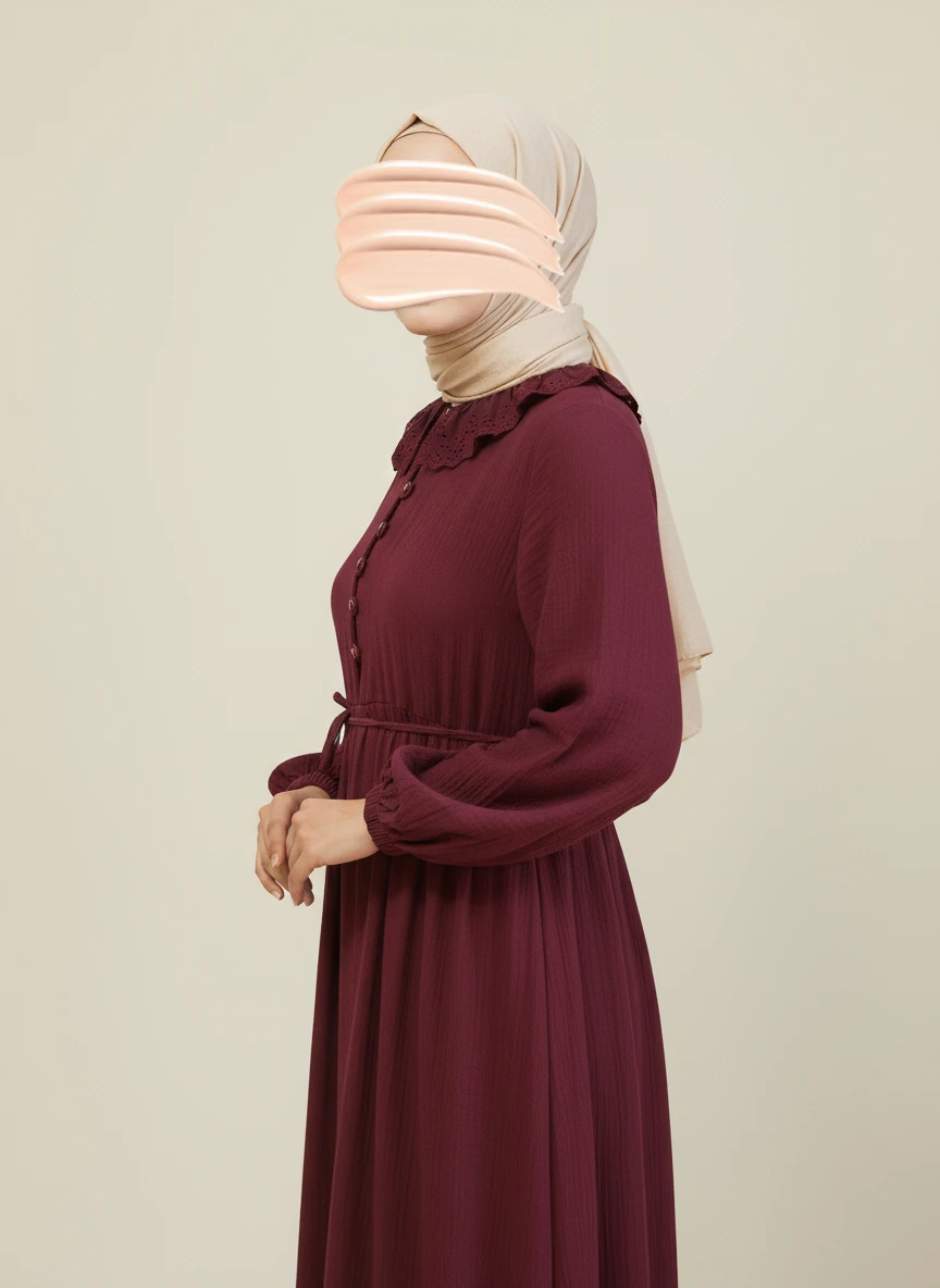 Bordo Dantel Bebe Yaka Yarım Düğmeli Müslin Ferace Elbise