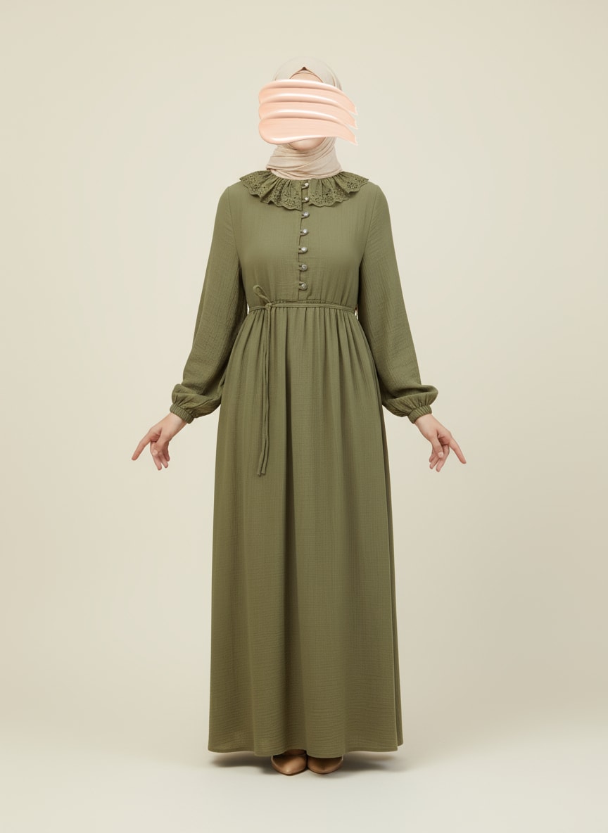 Haki Dantel Bebe Yaka Yarım Düğmeli Müslin Ferace Elbise