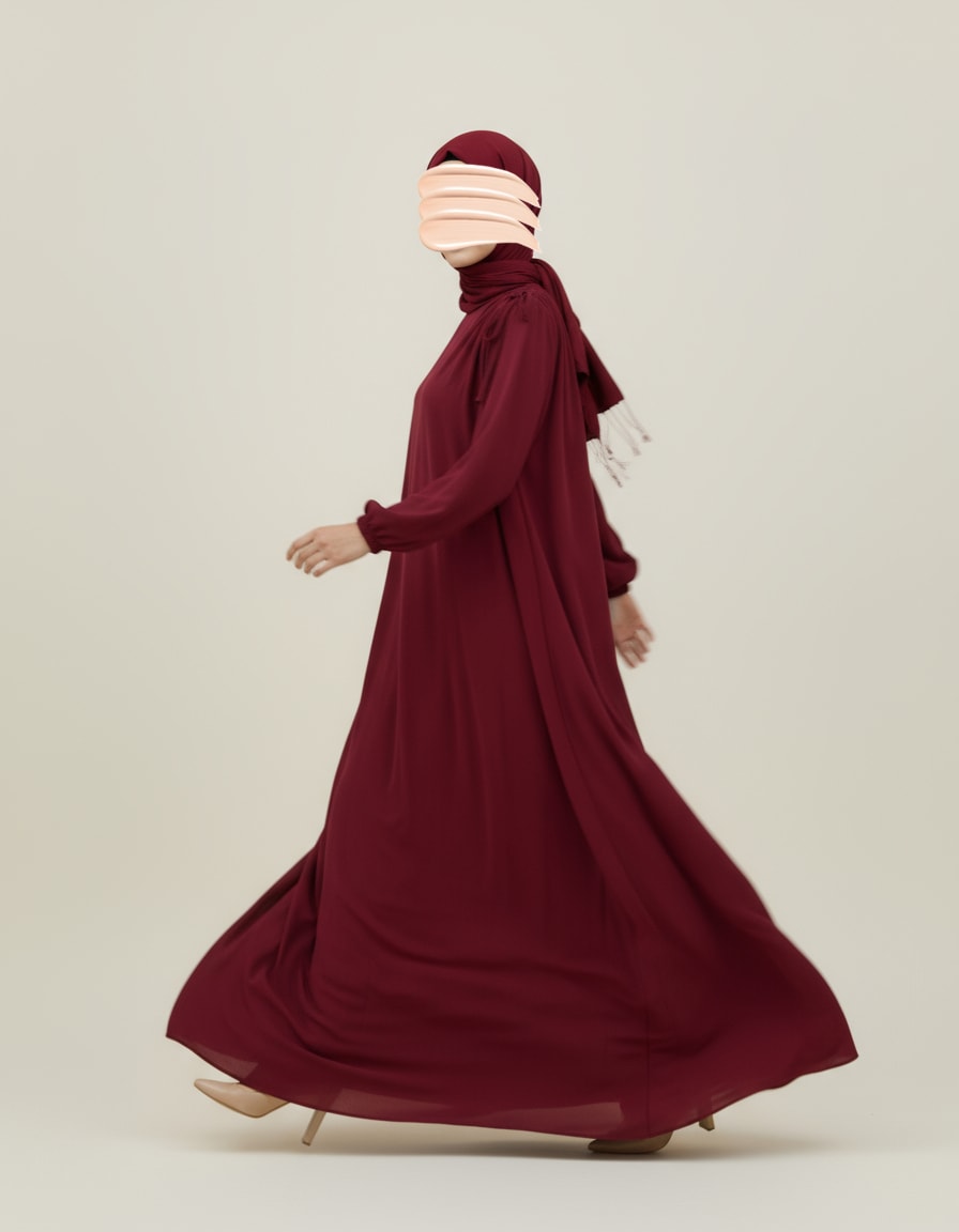 Bordo Omuz İp Büzgülü Ferace