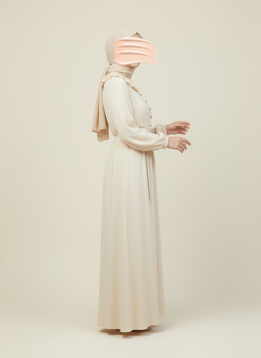 Bej Dantel Bebe Yaka Yarım Düğmeli Müslin Ferace Elbise