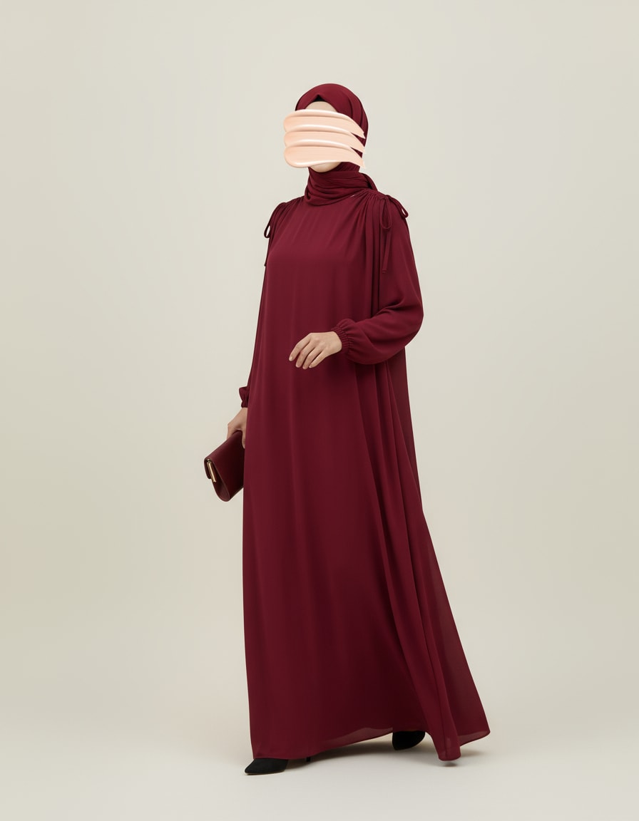 Bordo Omuz İp Büzgülü Ferace