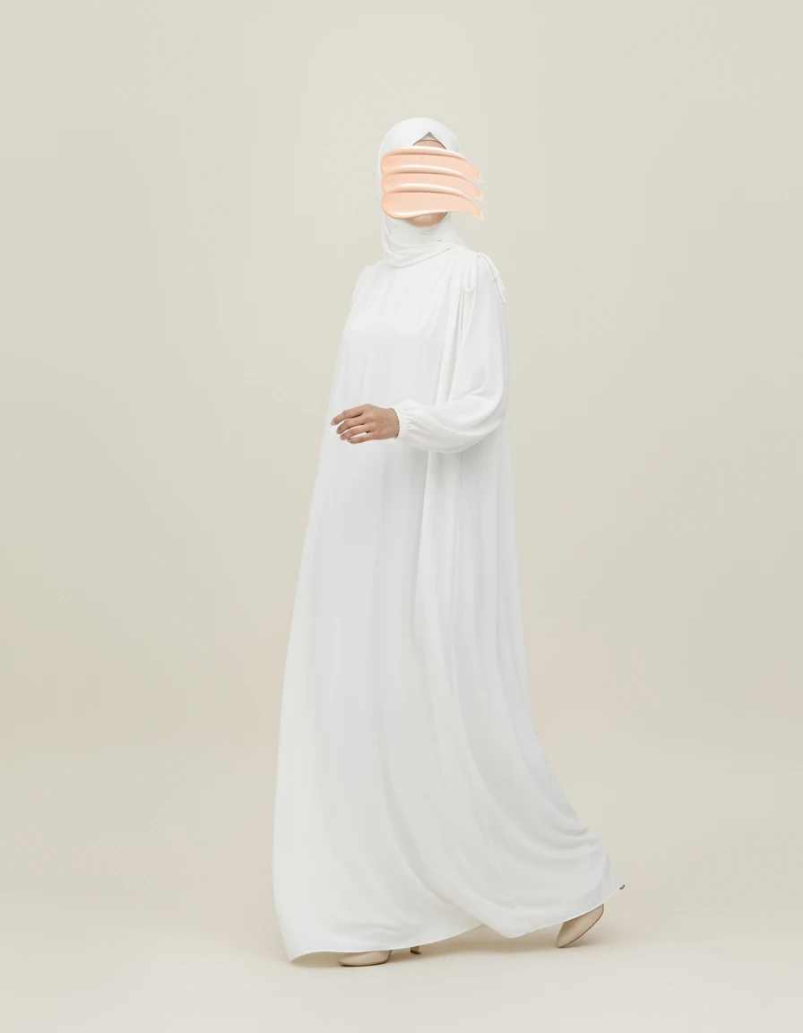 Beyaz Omuz İp Büzgülü Ferace