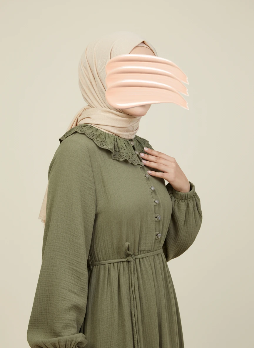 Haki Dantel Bebe Yaka Yarım Düğmeli Müslin Ferace Elbise