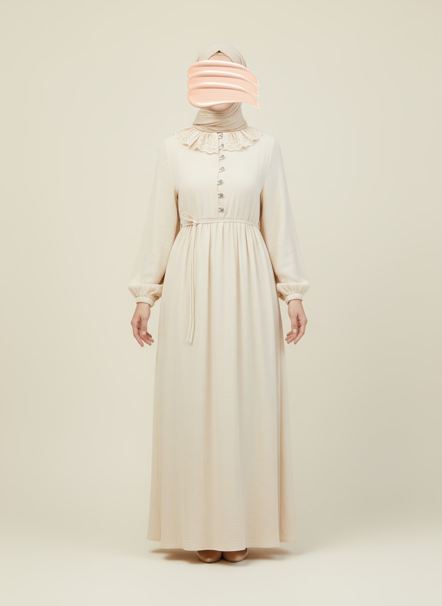 Bej Dantel Bebe Yaka Yarım Düğmeli Müslin Ferace Elbise