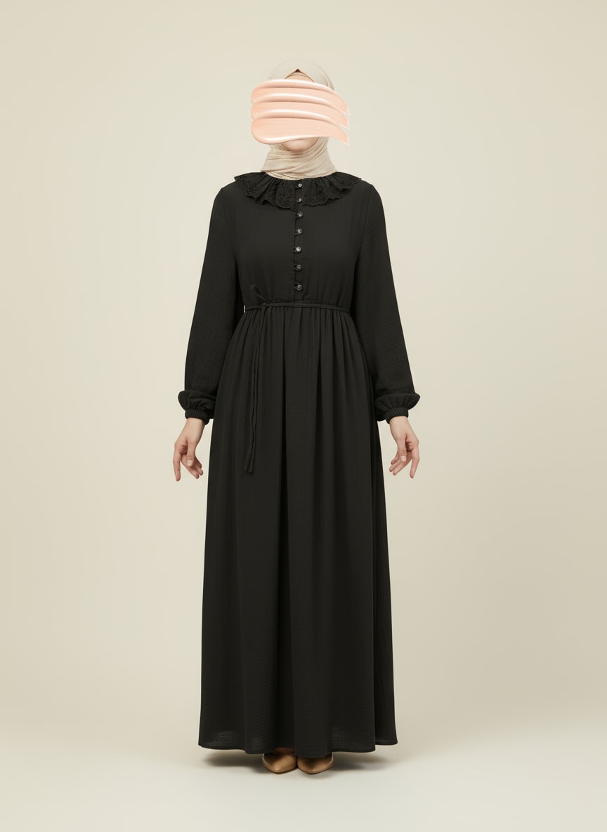 Siyah Dantel Bebe Yaka Yarım Düğmeli Müslin Ferace Elbise