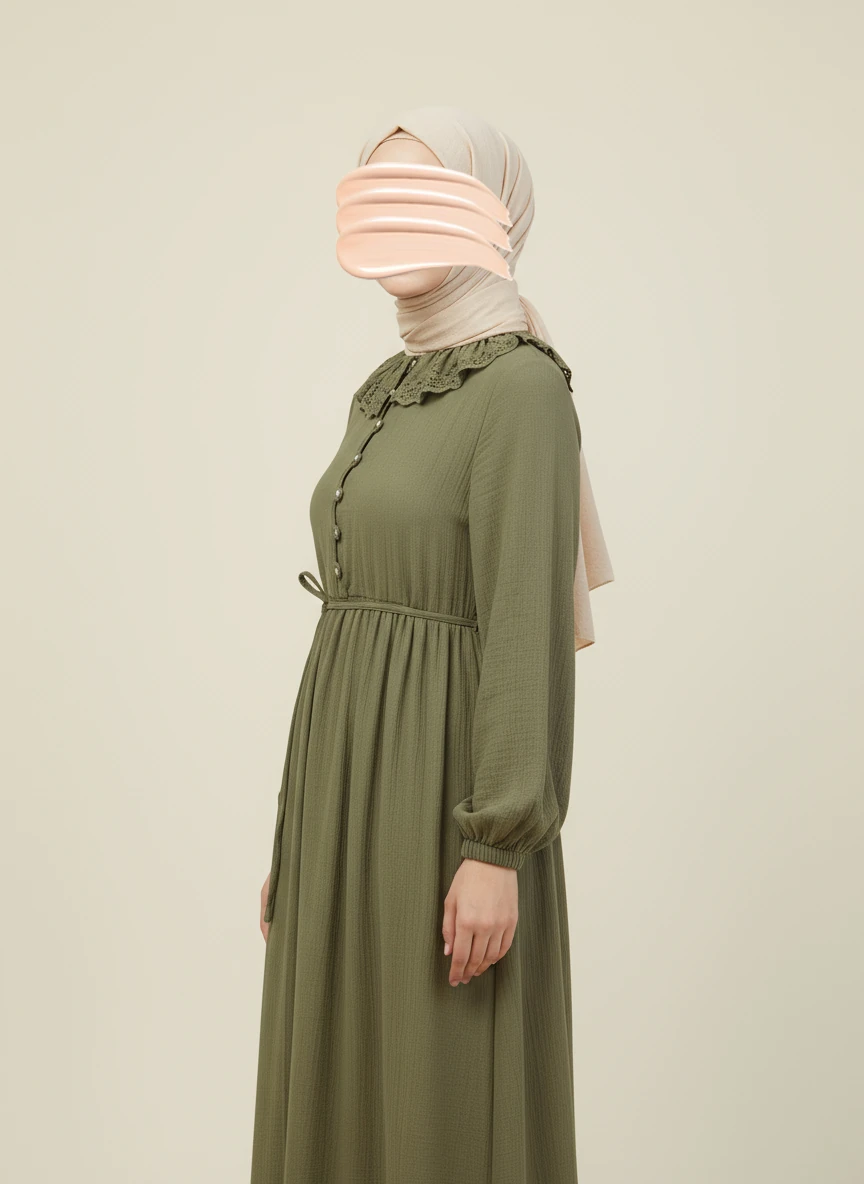 Haki Dantel Bebe Yaka Yarım Düğmeli Müslin Ferace Elbise